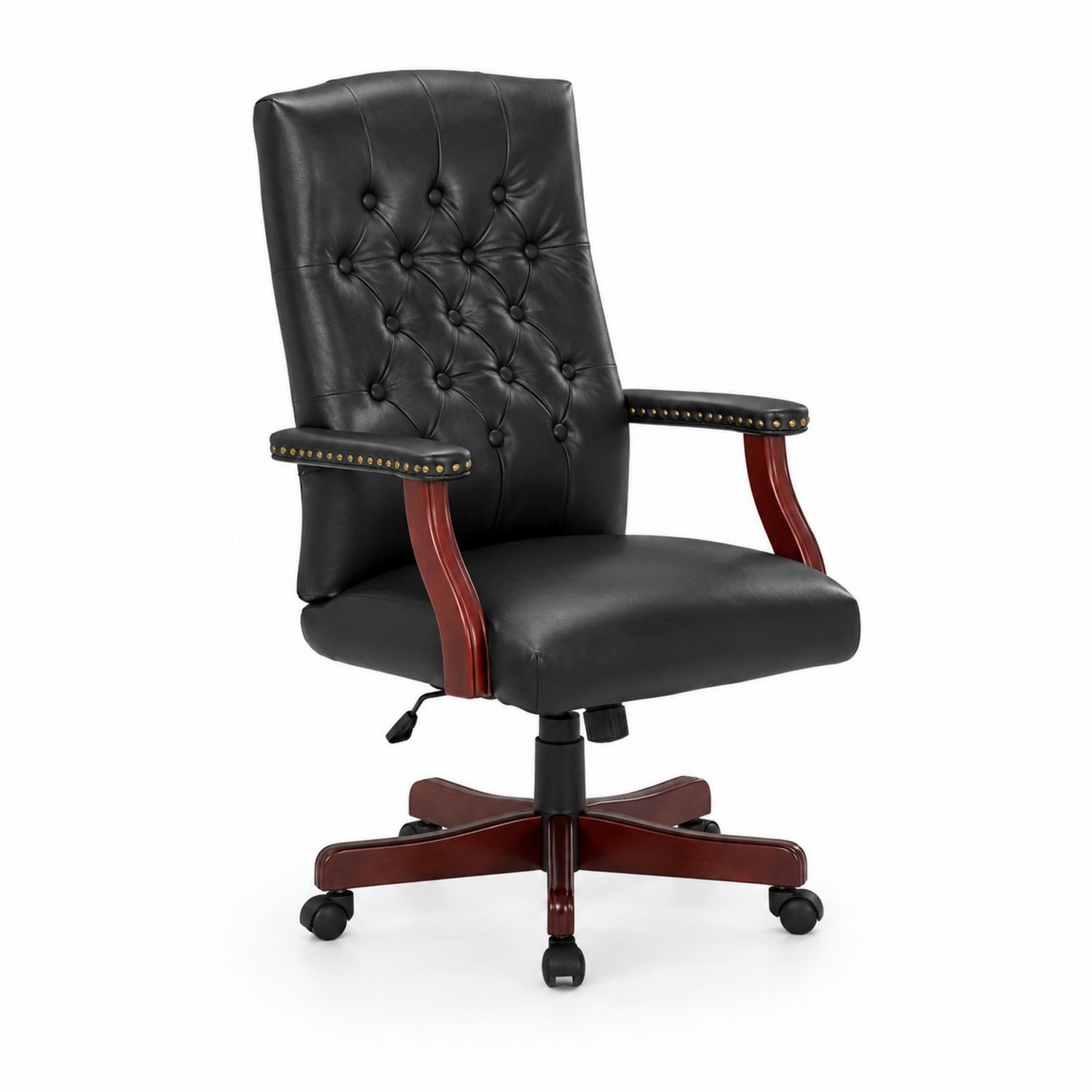 Silla de oficina de cuero sintético negro con base giratoria y reposabrazos de madera