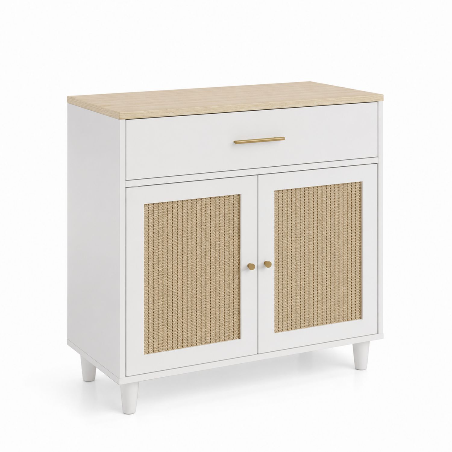 Aparador buffet de MDF con puertas de ratán blanco y roble