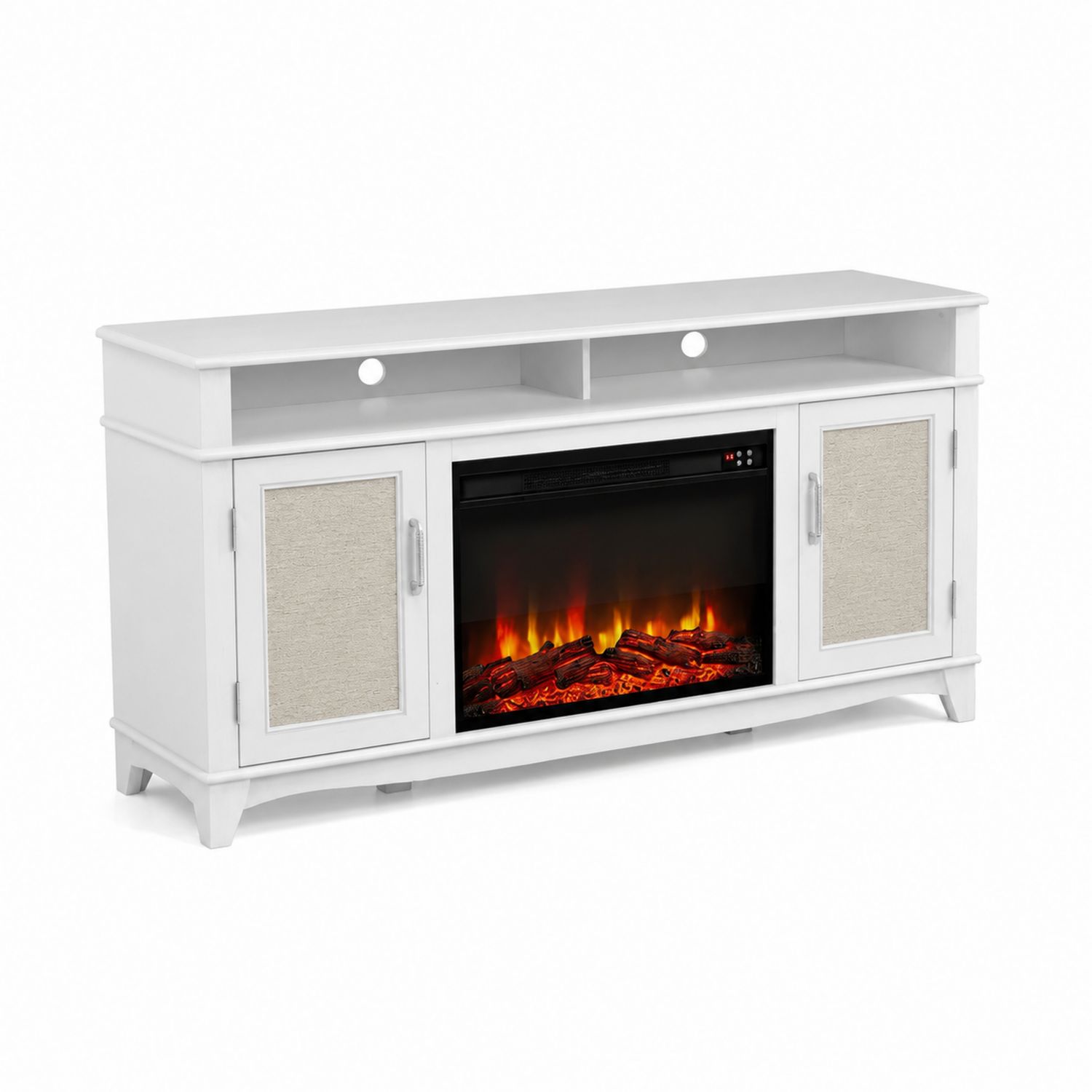 Mueble de TV con Chimenea Eléctrica Blanca, Madera Compuesta y Puertas de Tela