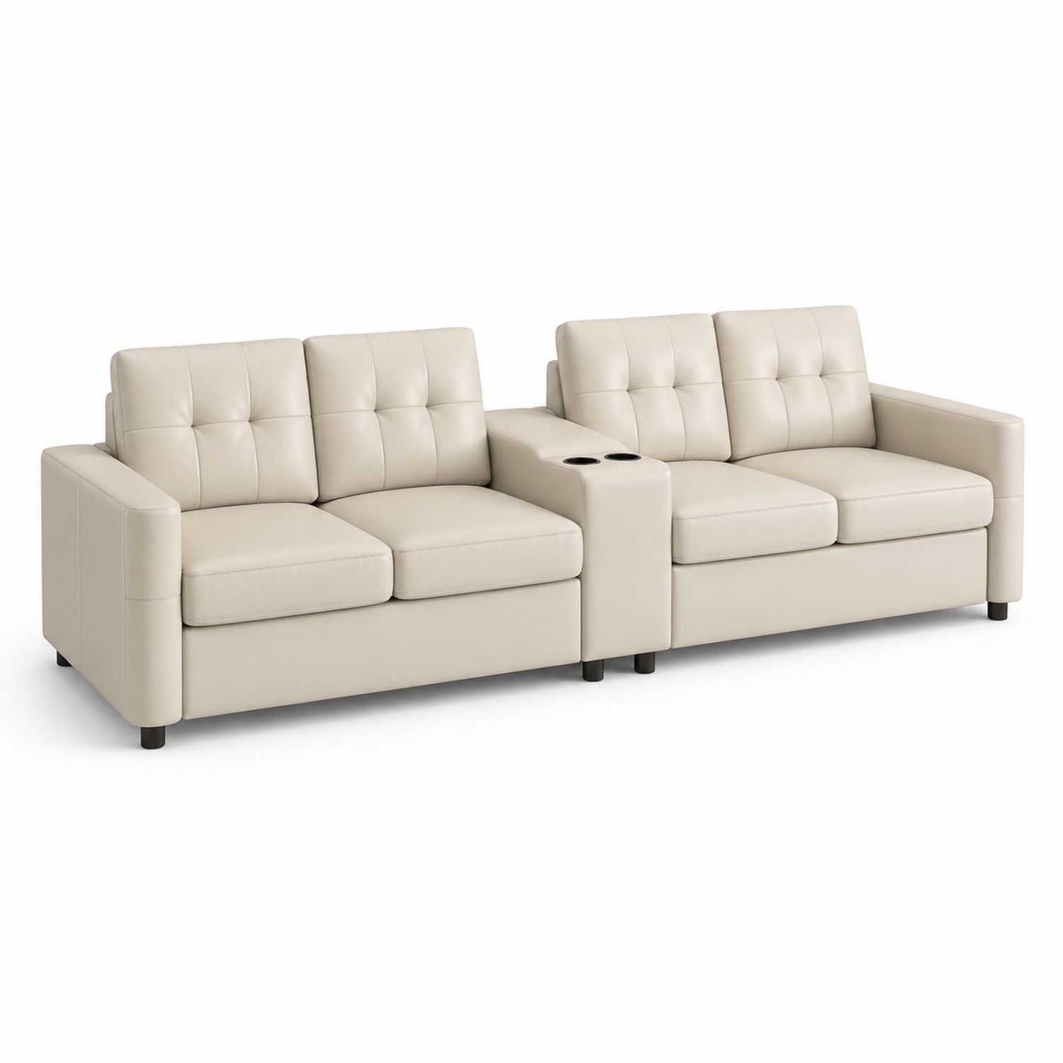 Divano modulare beige in ecopelle con porta-bicchieri, 300x90x85 cm-Lumivista