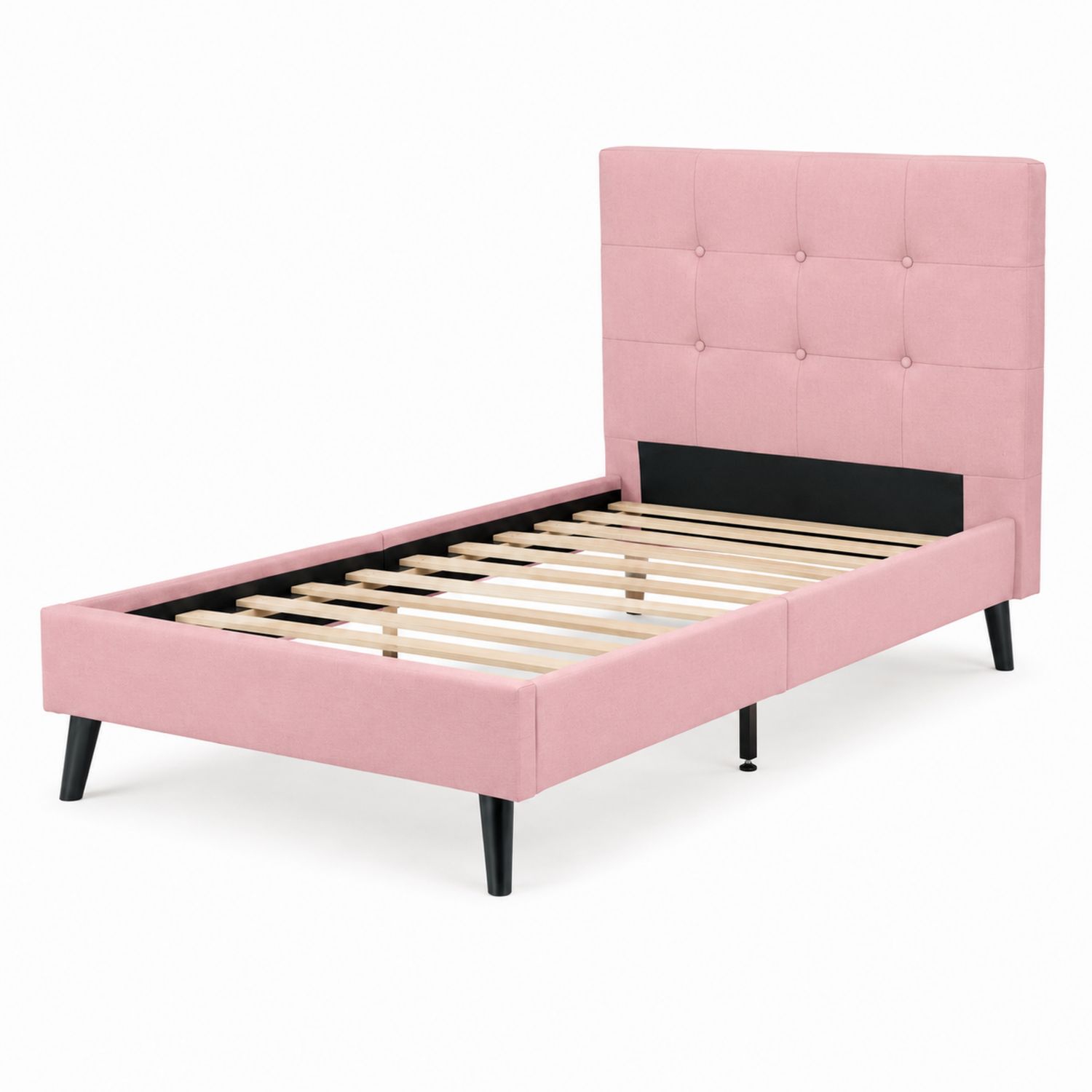Letto singolo in tessuto di poliestere rosa con struttura in legno di pino-Lumivista