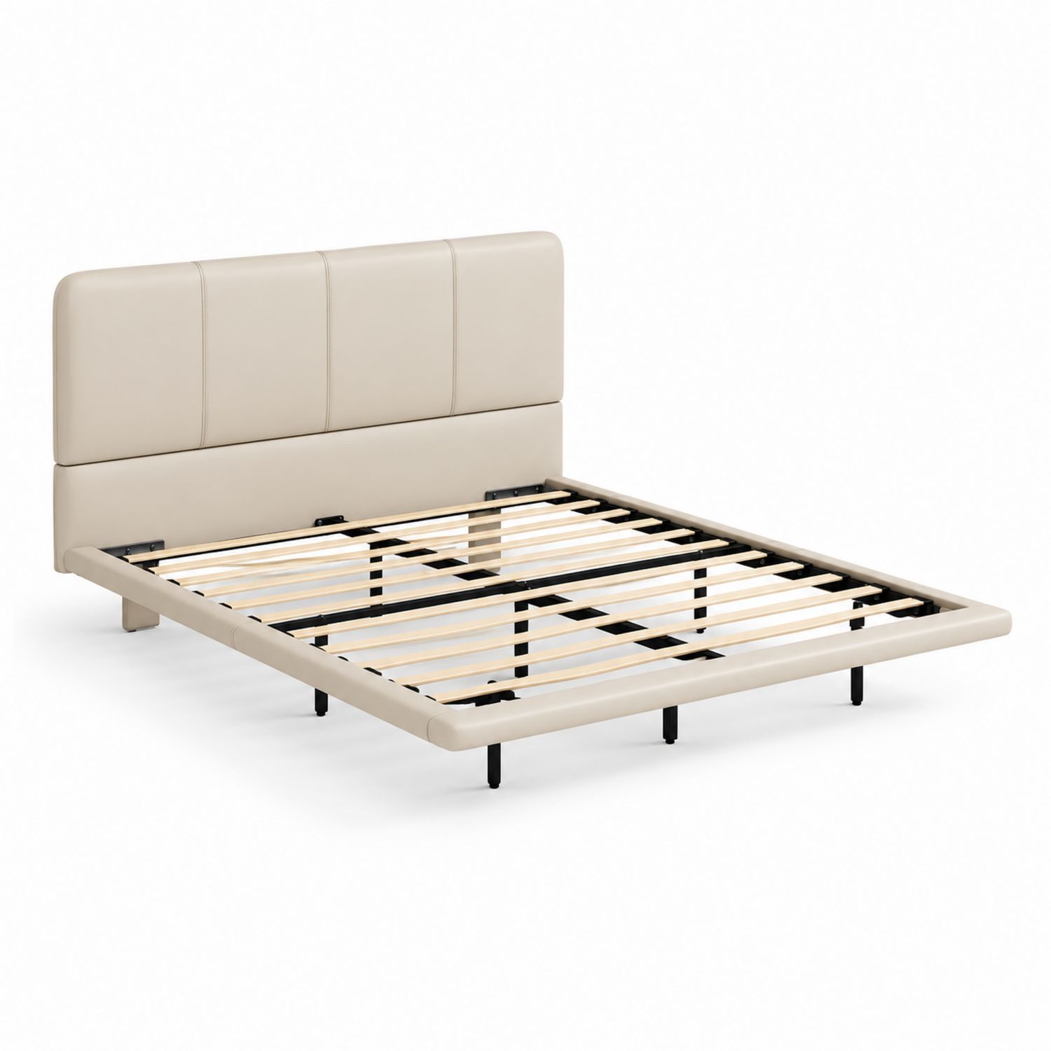 Letto Matrimoniale in Metallo con Rivestimento in Pelle Sintetica Beige 200x160 cm-Lumivista