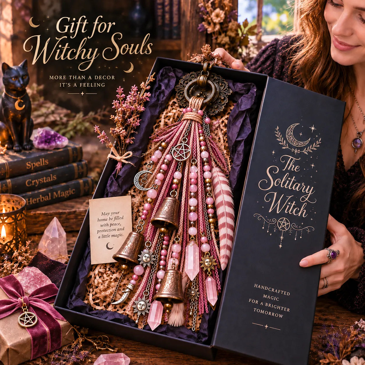 ⏳ Last Day 50% OFF – 🌙 Witchy Door Charm | Celestial Hanging Décor with Moons, Crystals, Beads, Feathers & Vintage Bells for Doors, Reading Nooks & Witchy Home Spaces 🔮