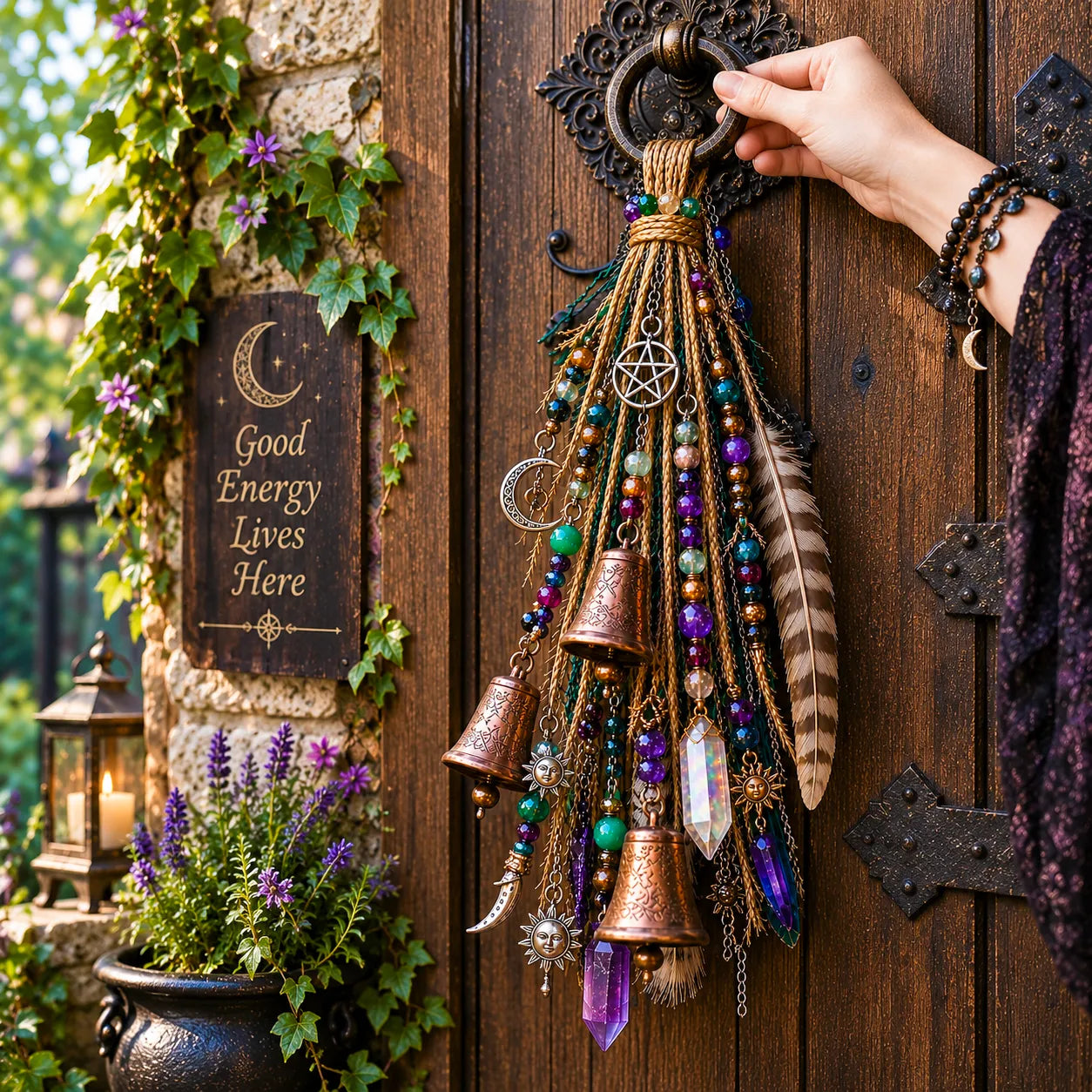 ⏳ Last Day 50% OFF – 🌙 Witchy Door Charm | Celestial Hanging Décor with Moons, Crystals, Beads, Feathers & Vintage Bells for Doors, Reading Nooks & Witchy Home Spaces 🔮