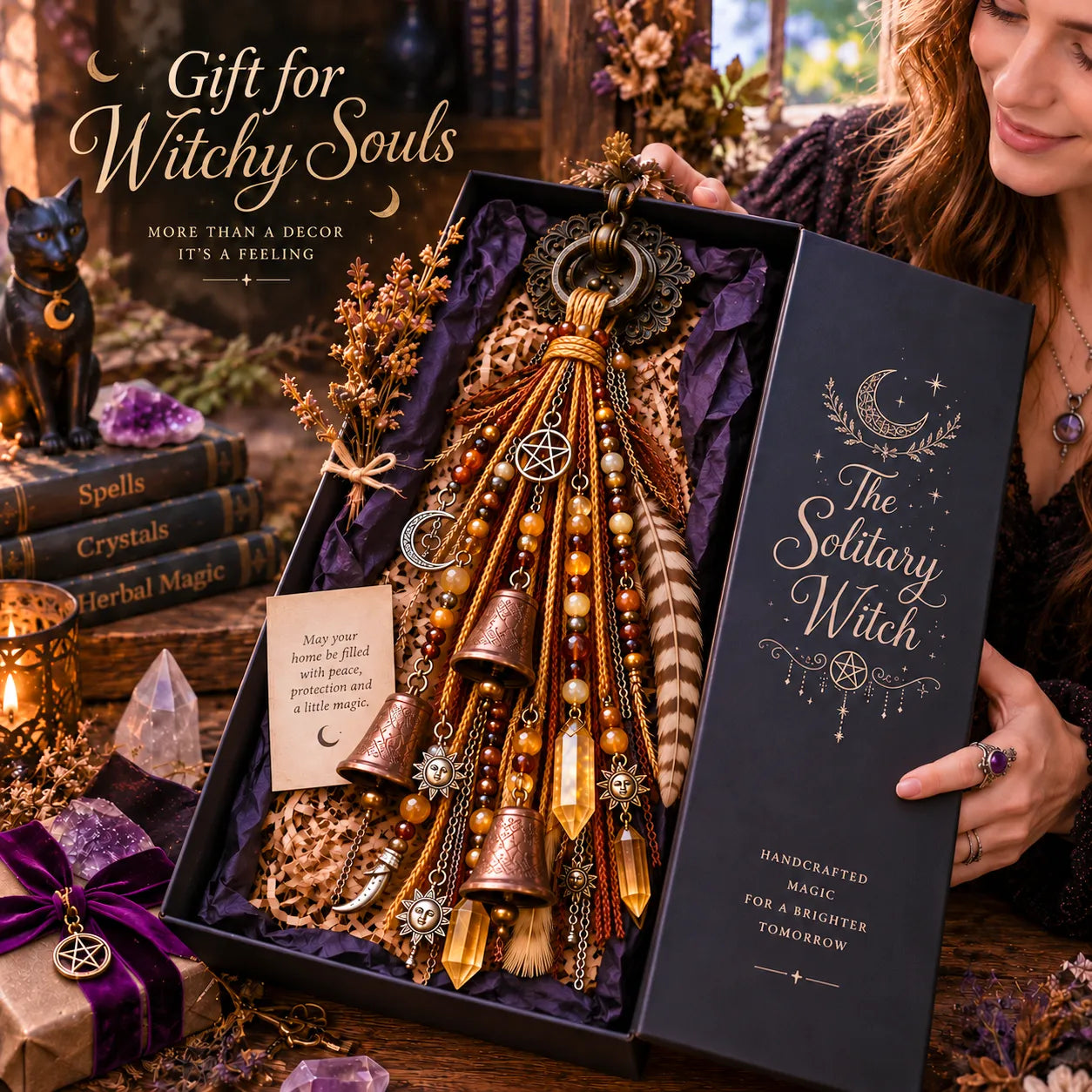 ⏳ Last Day 50% OFF – 🌙 Witchy Door Charm | Celestial Hanging Décor with Moons, Crystals, Beads, Feathers & Vintage Bells for Doors, Reading Nooks & Witchy Home Spaces 🔮