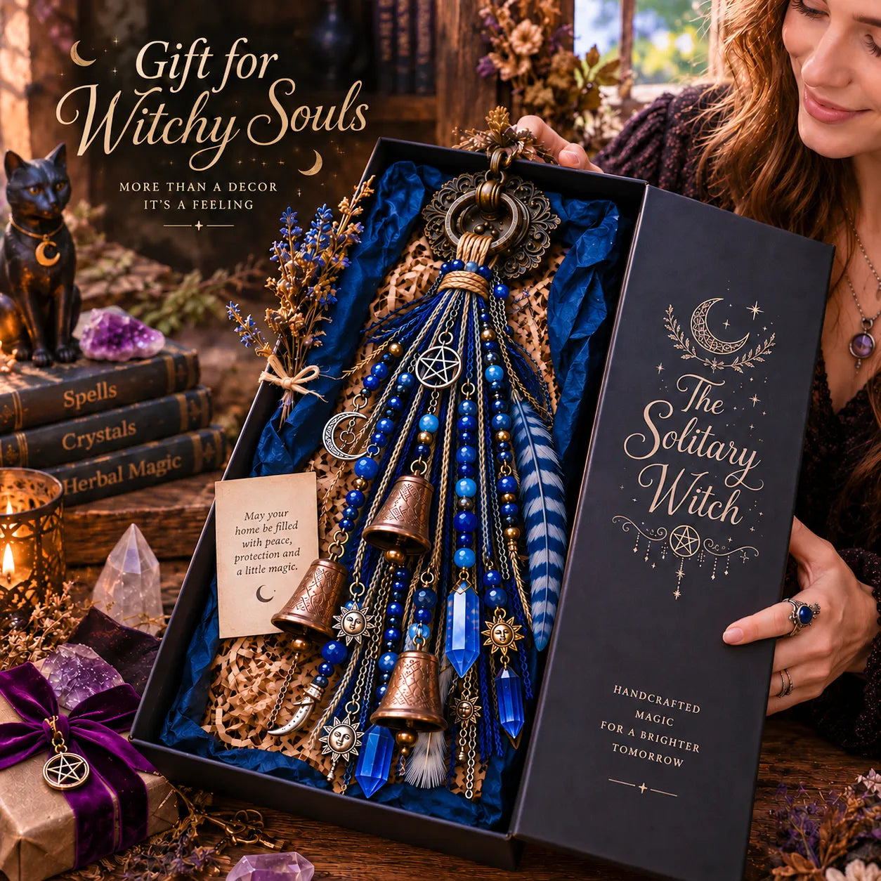 ⏳ Last Day 50% OFF – 🌙 Witchy Door Charm | Celestial Hanging Décor with Moons, Crystals, Beads, Feathers & Vintage Bells for Doors, Reading Nooks & Witchy Home Spaces 🔮