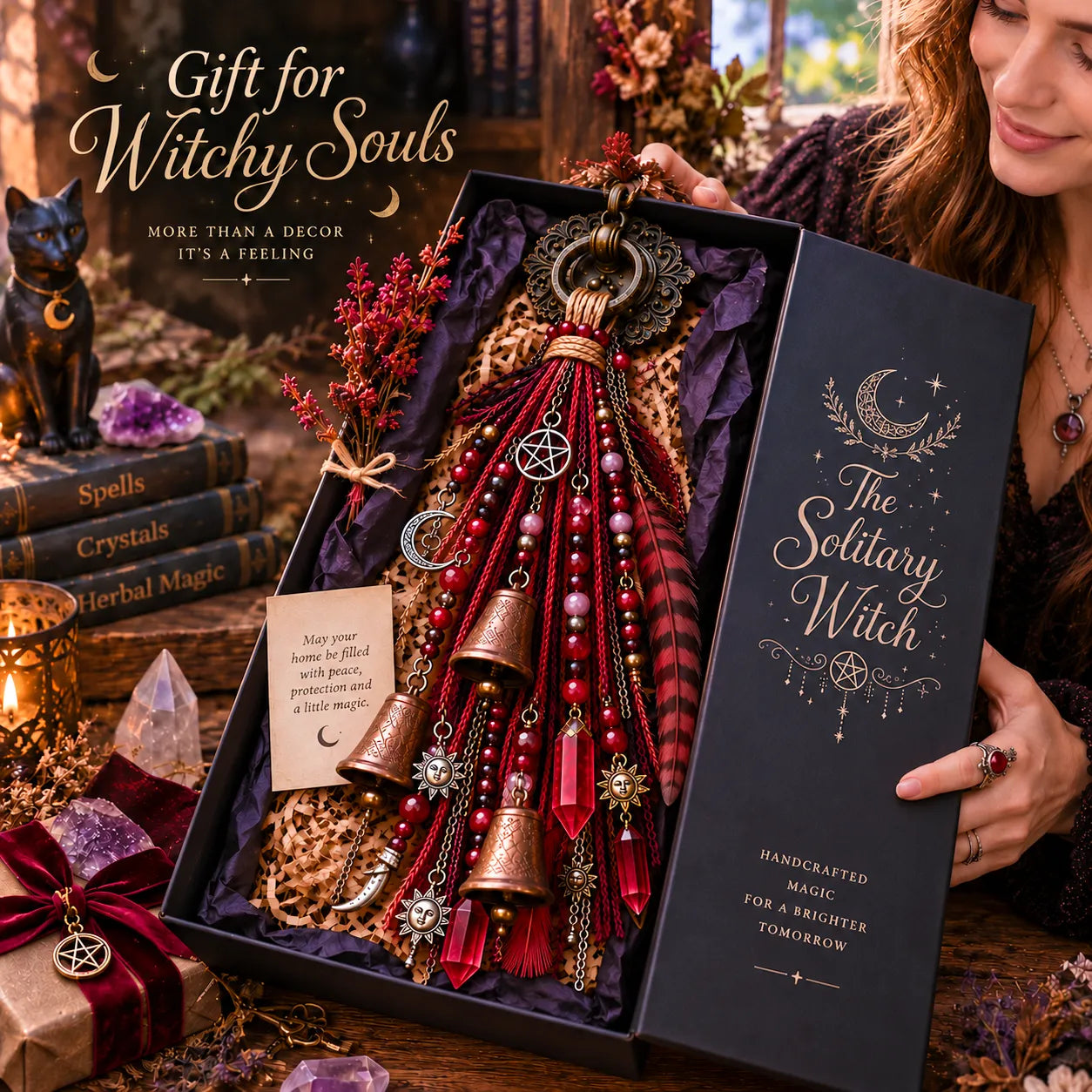 ⏳ Last Day 50% OFF – 🌙 Witchy Door Charm | Celestial Hanging Décor with Moons, Crystals, Beads, Feathers & Vintage Bells for Doors, Reading Nooks & Witchy Home Spaces 🔮