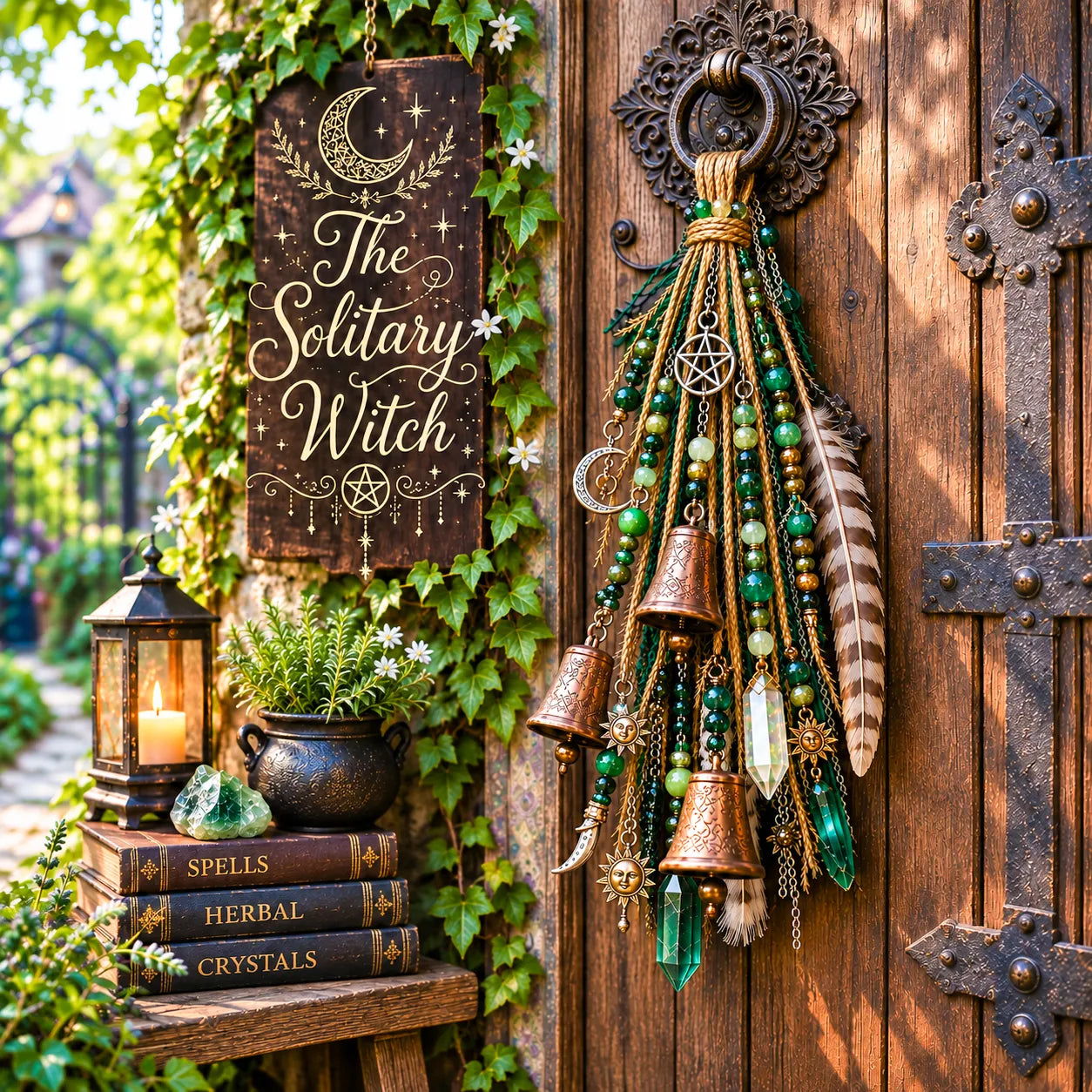 ⏳ Last Day 50% OFF – 🌙 Witchy Door Charm | Celestial Hanging Décor with Moons, Crystals, Beads, Feathers & Vintage Bells for Doors, Reading Nooks & Witchy Home Spaces 🔮