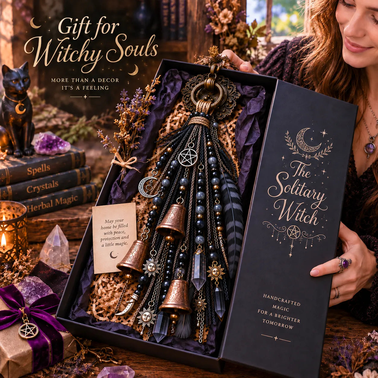 ⏳ Last Day 50% OFF – 🌙 Witchy Door Charm | Celestial Hanging Décor with Moons, Crystals, Beads, Feathers & Vintage Bells for Doors, Reading Nooks & Witchy Home Spaces 🔮