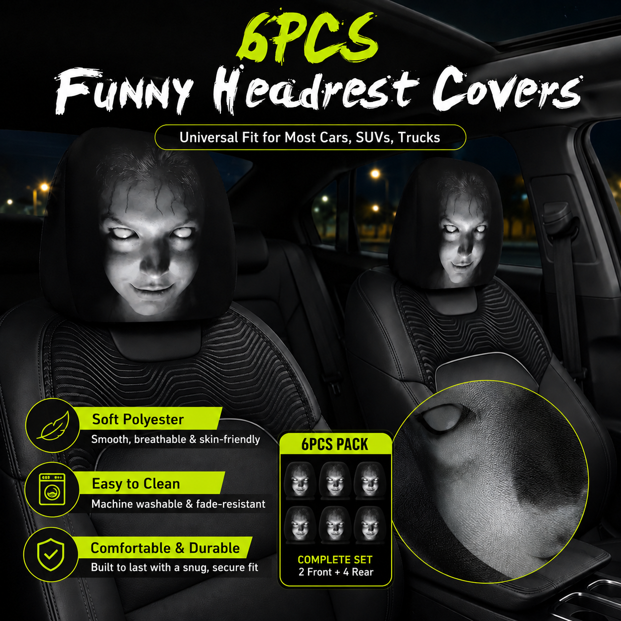 💥Last Day 70% OFF🎃 Perfect for Halloween & Spooky Season-Phantom Headrest Covers – 2PCS Universal Fit 🚗