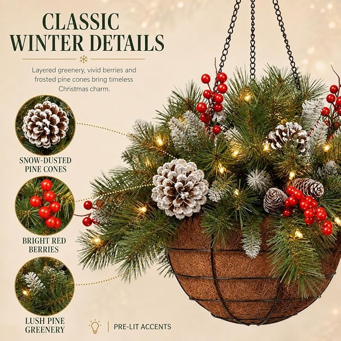 🎄Christmas Promotion 50% OFF🔥Pre-Lit Artificial Christmas Hanging Basket