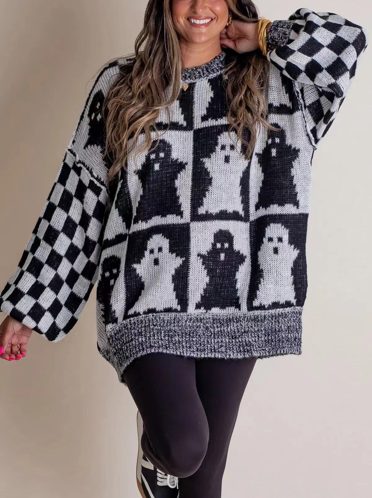 Halloween Checkered Sweater-SPOOKY SEASON