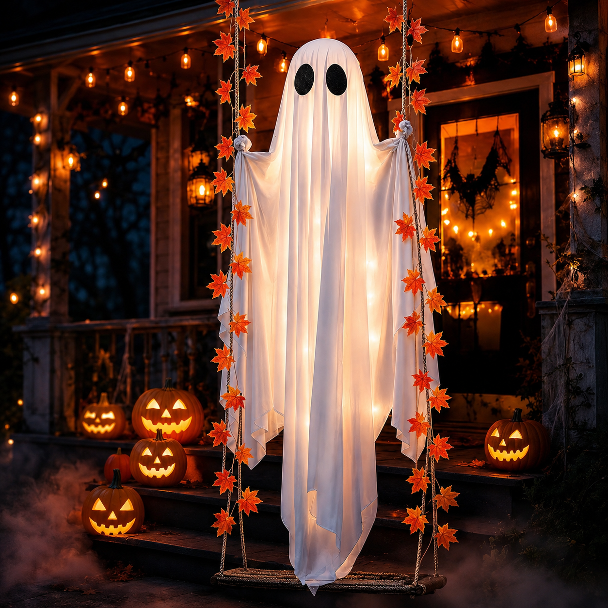 👻 5FT Large Hanging Ghost with Swing and String Lights Included – Outdoor Halloween Decor