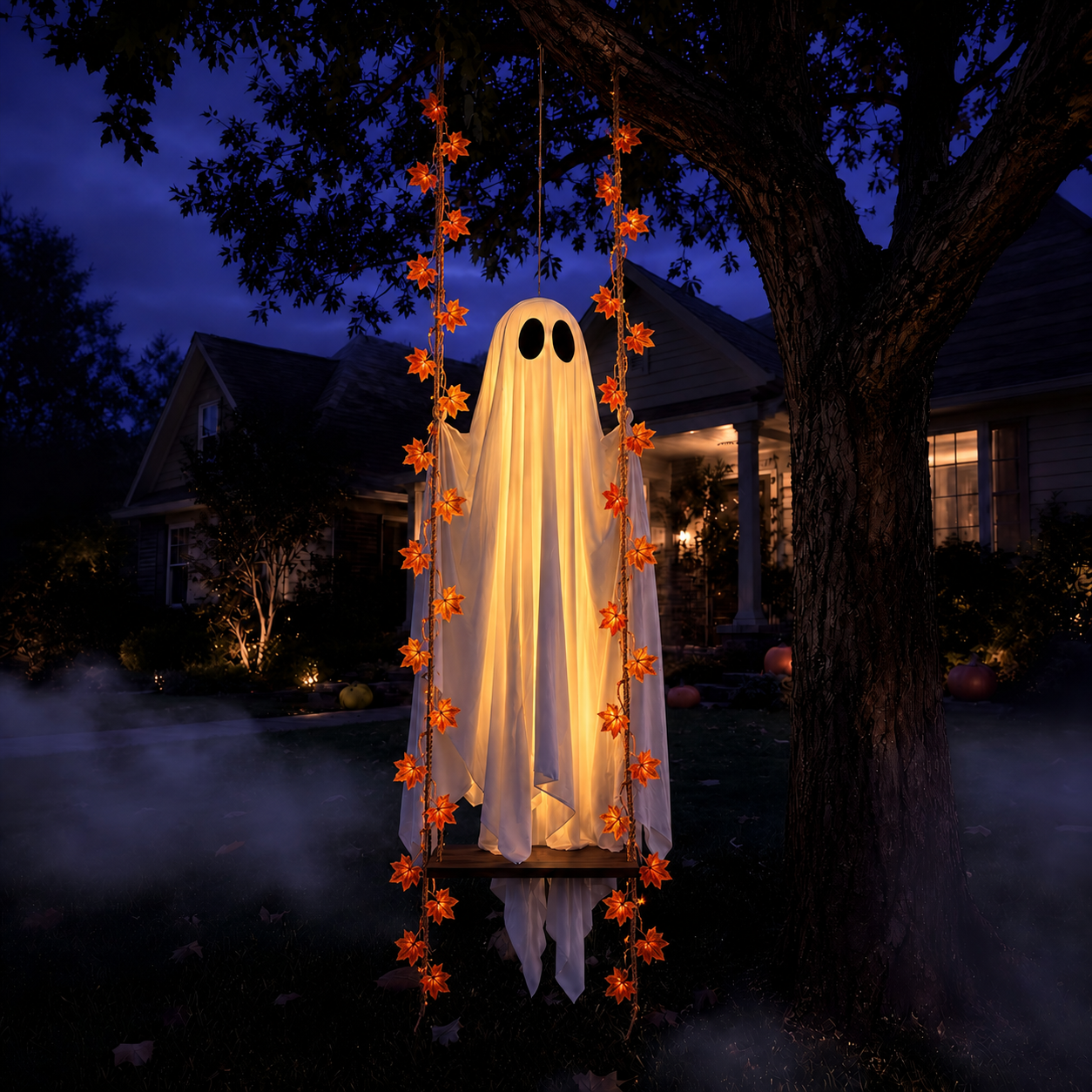 👻 5FT Large Hanging Ghost with Swing and String Lights Included – Outdoor Halloween Decor
