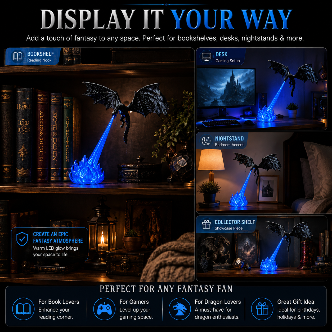 Dragon light displayed on bookshelf desk and collector shelf