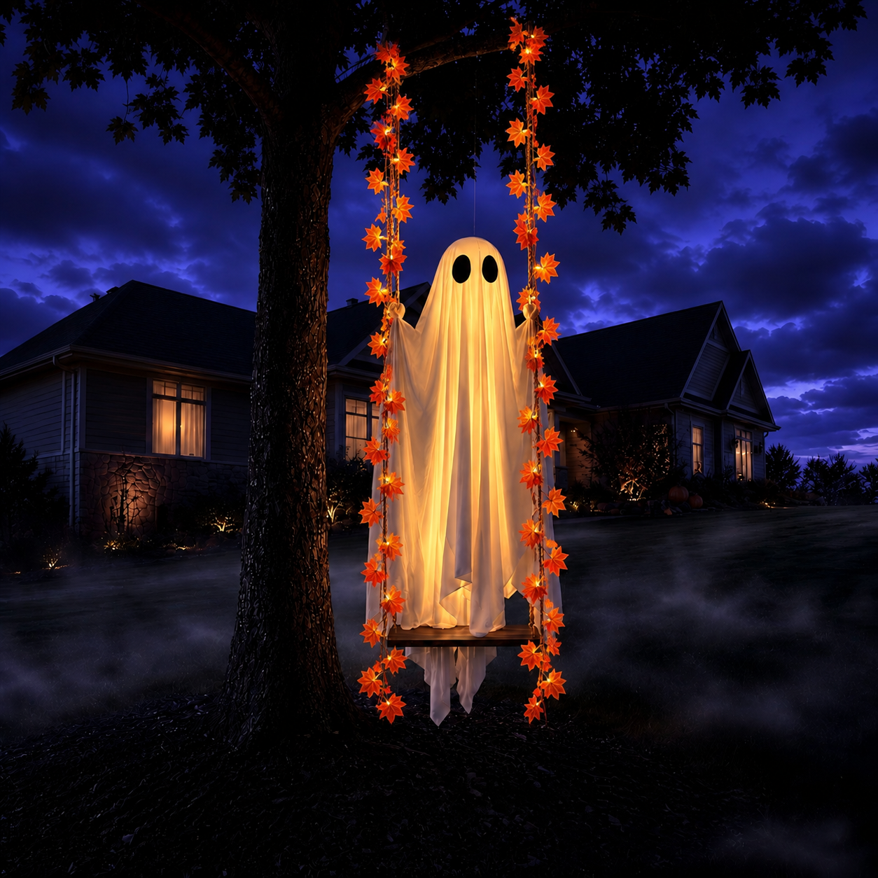 👻 5FT Large Hanging Ghost with Swing and String Lights Included – Outdoor Halloween Decor