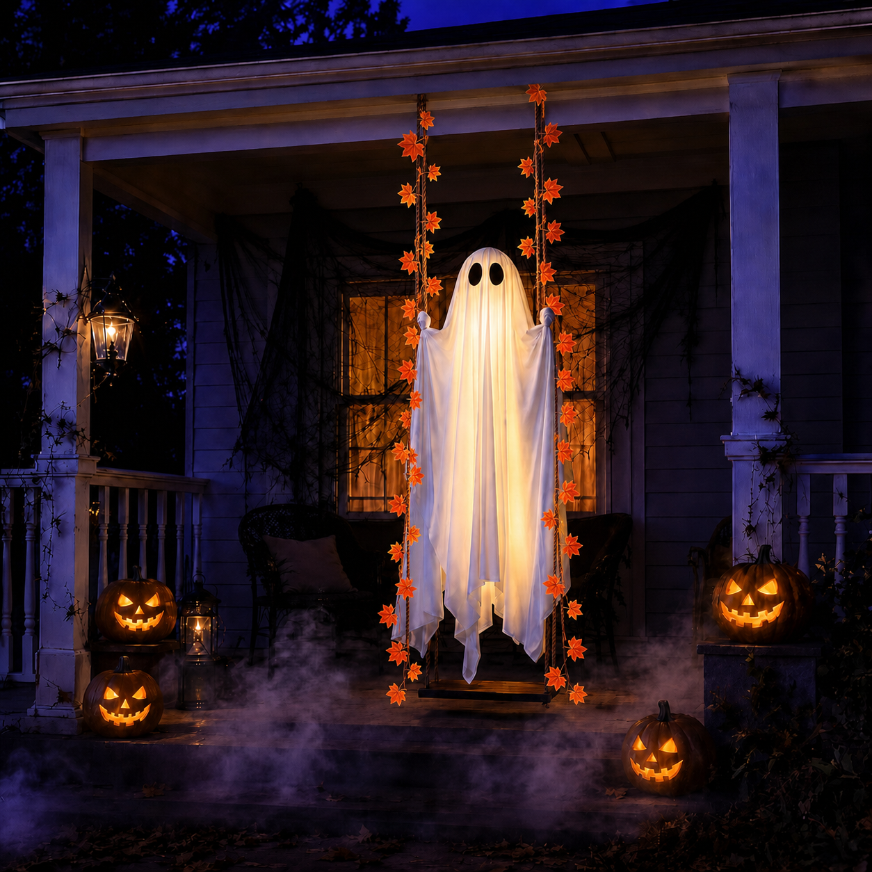 👻 5FT Large Hanging Ghost with Swing and String Lights Included – Outdoor Halloween Decor