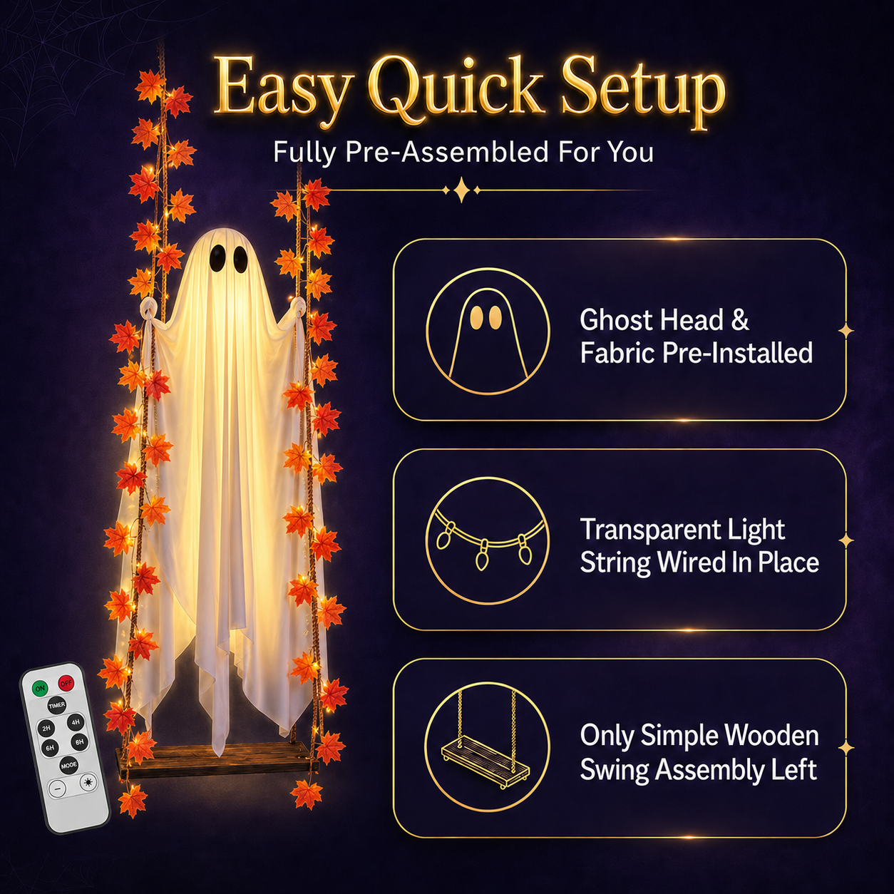 👻 5FT Large Hanging Ghost with Swing and String Lights Included – Outdoor Halloween Decor