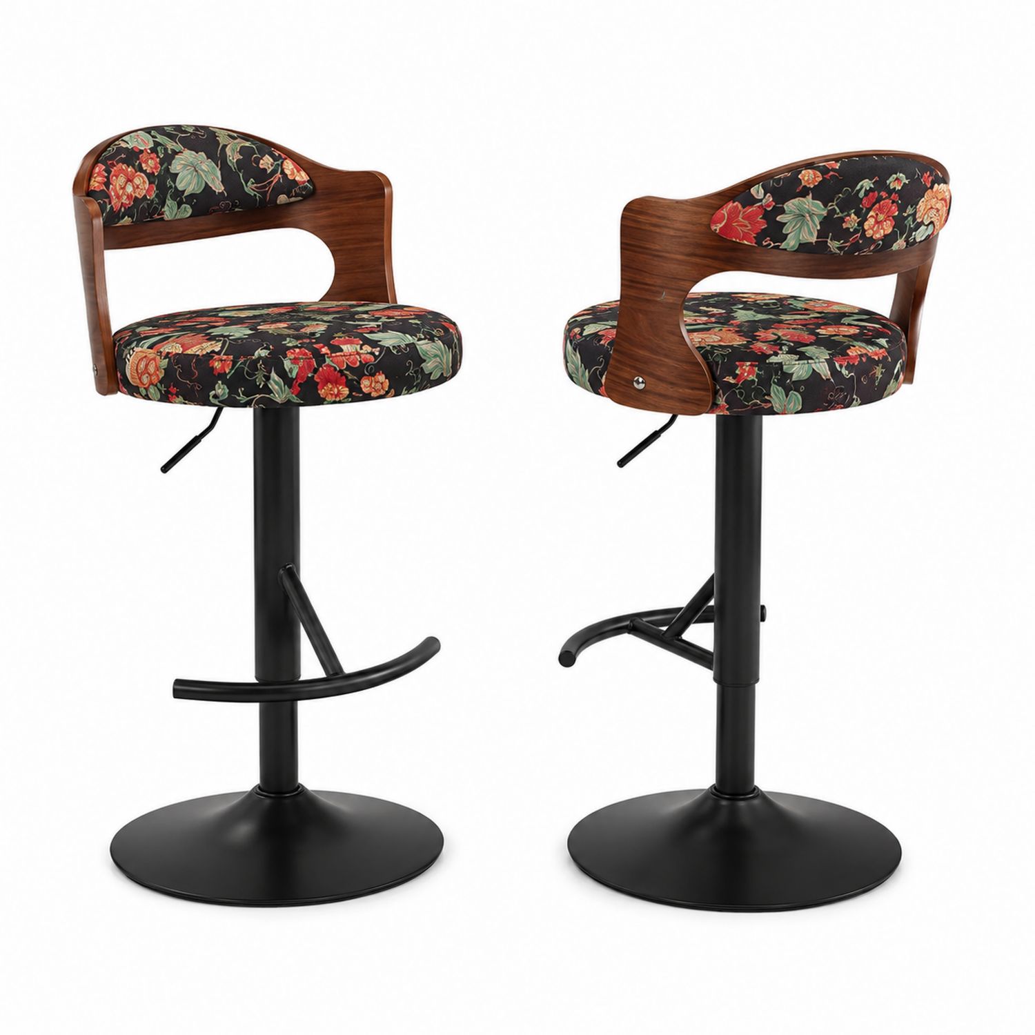 Tabourets de bar en bois et métal avec tissu floral