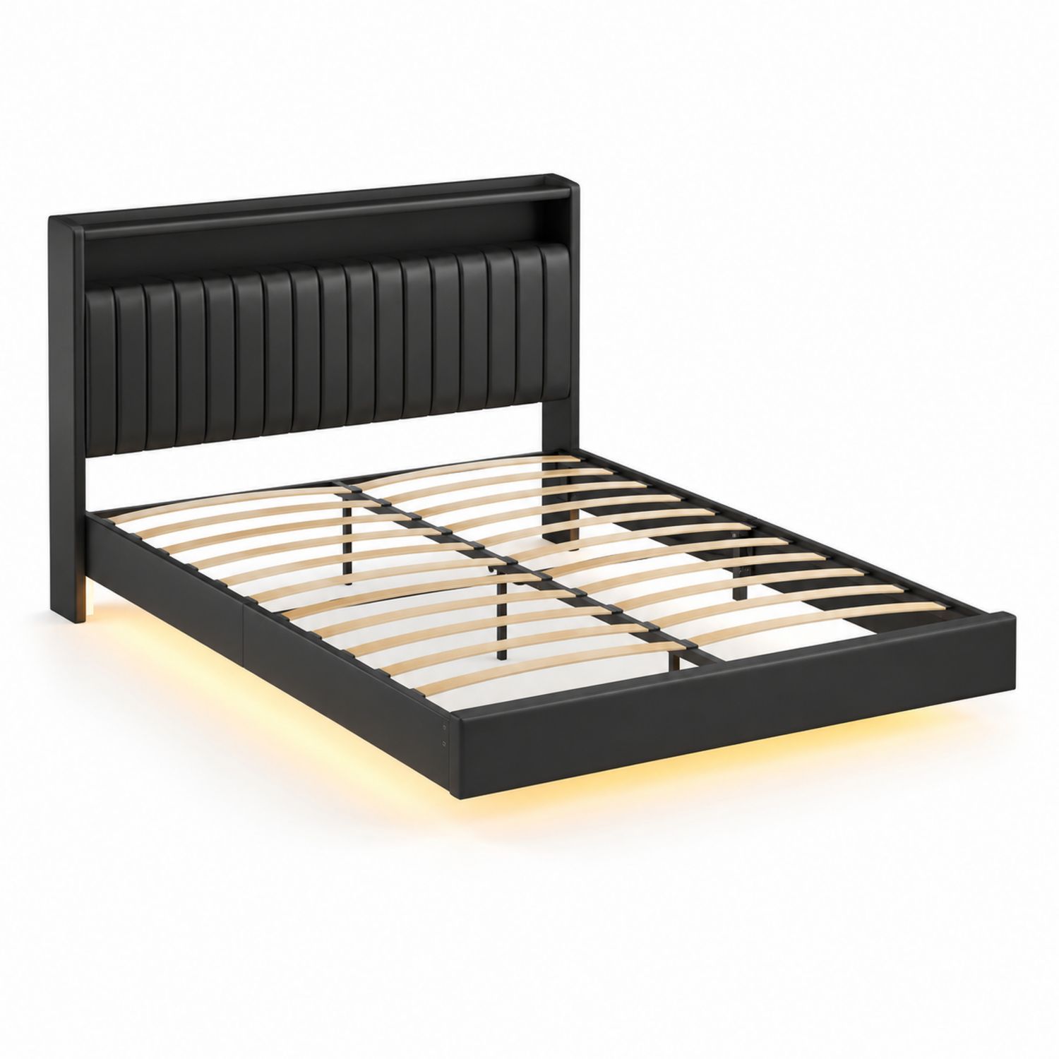 Lit double en bois avec tête de lit rembourrée et LED 200x160 cm Noir