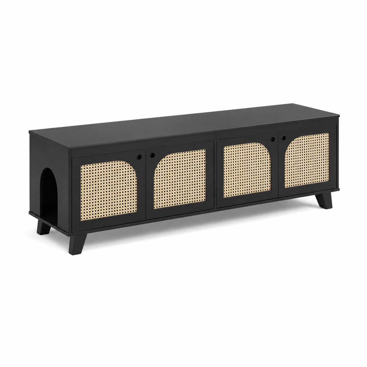 Meuble TV en bois noir avec portes en rotin