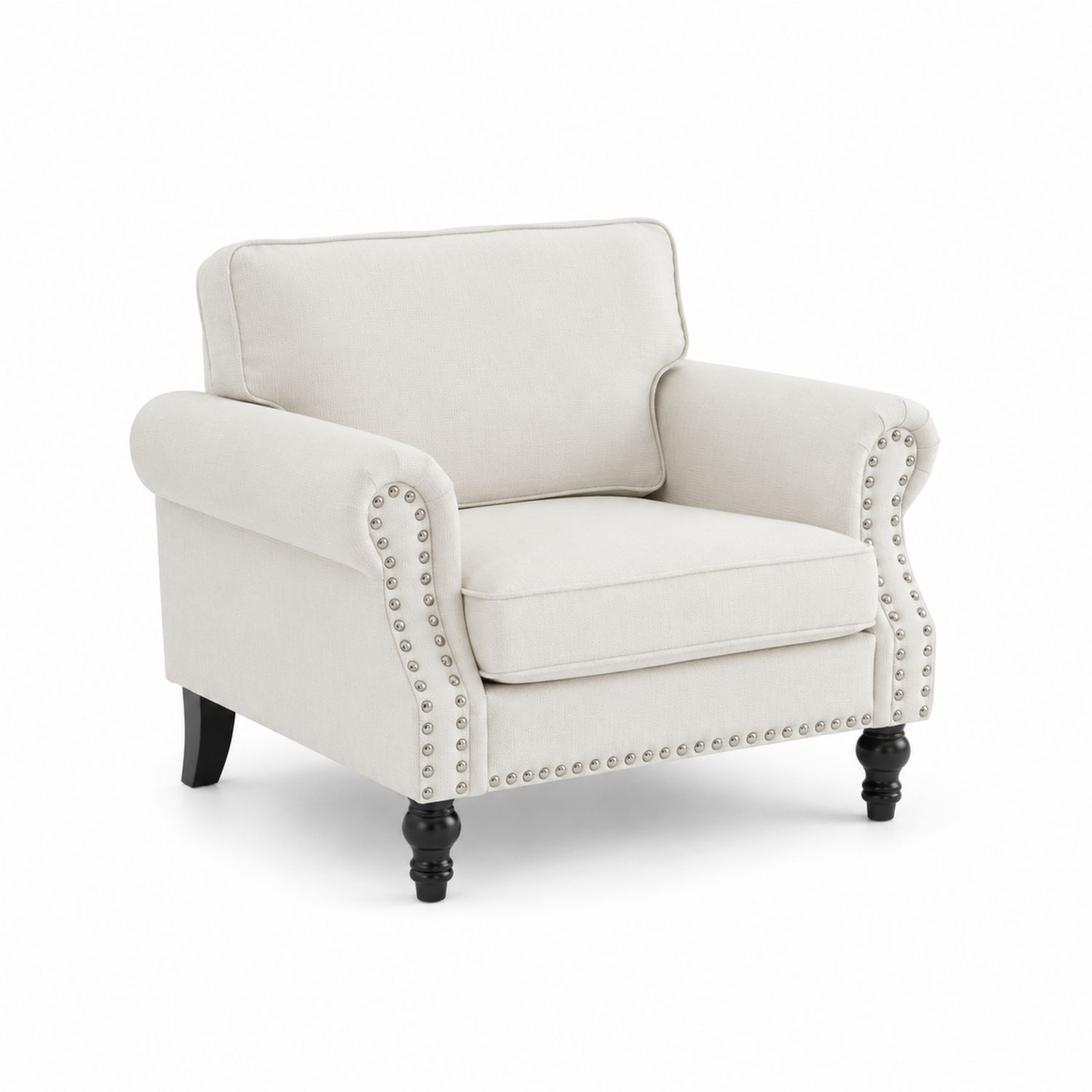 Fauteuil en tissu beige avec accoudoirs cloutés