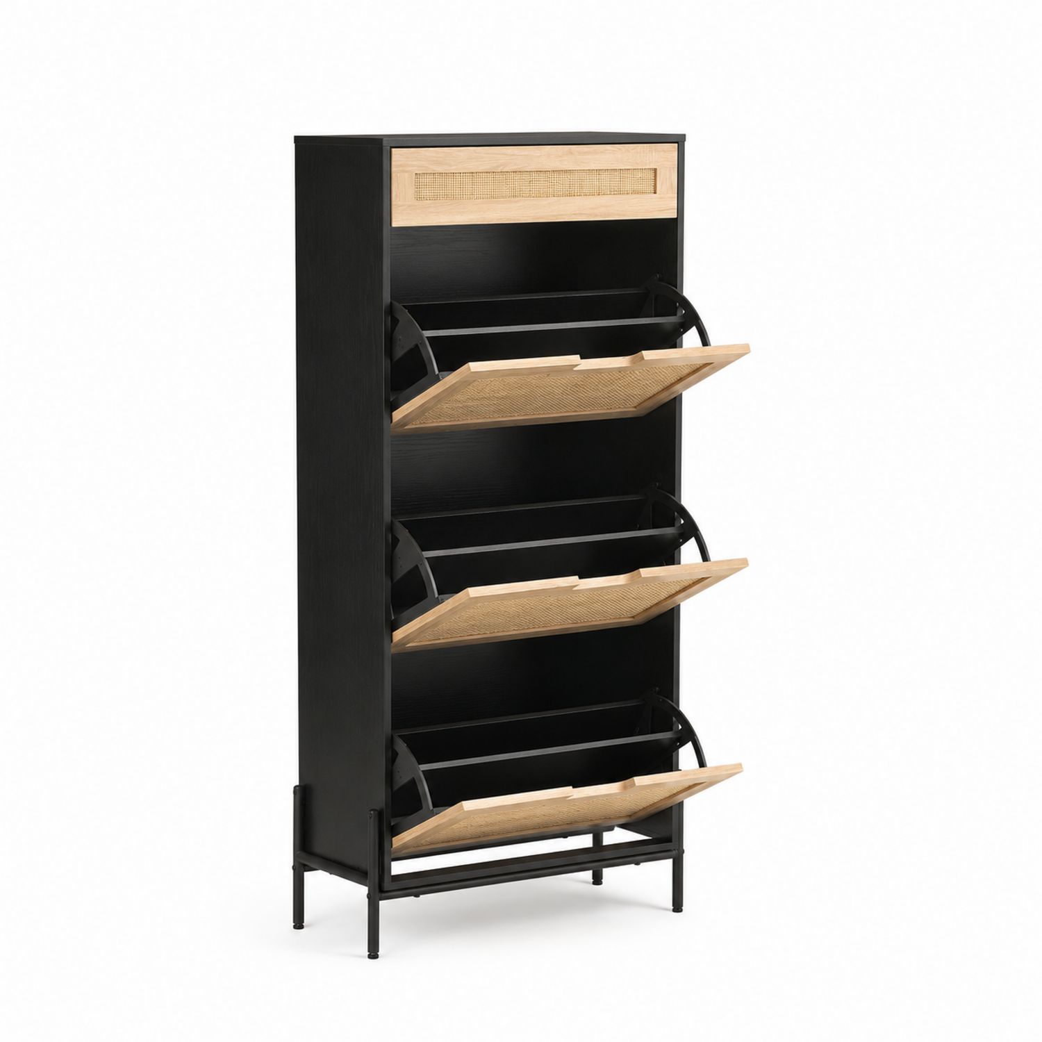 Armoire à chaussures 4 abattants en métal et bois plaqué noir