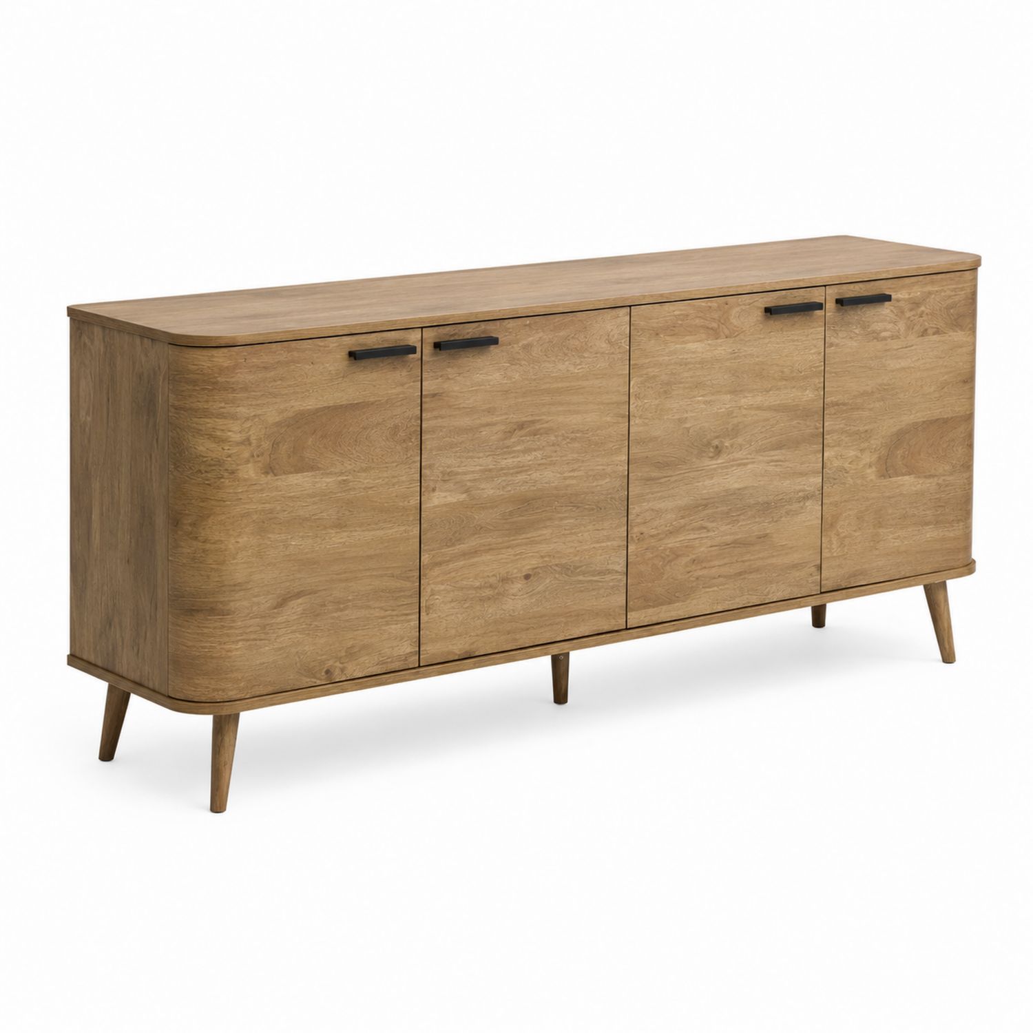 Buffet en bois massif chêne clair 4 portes avec poignées en métal