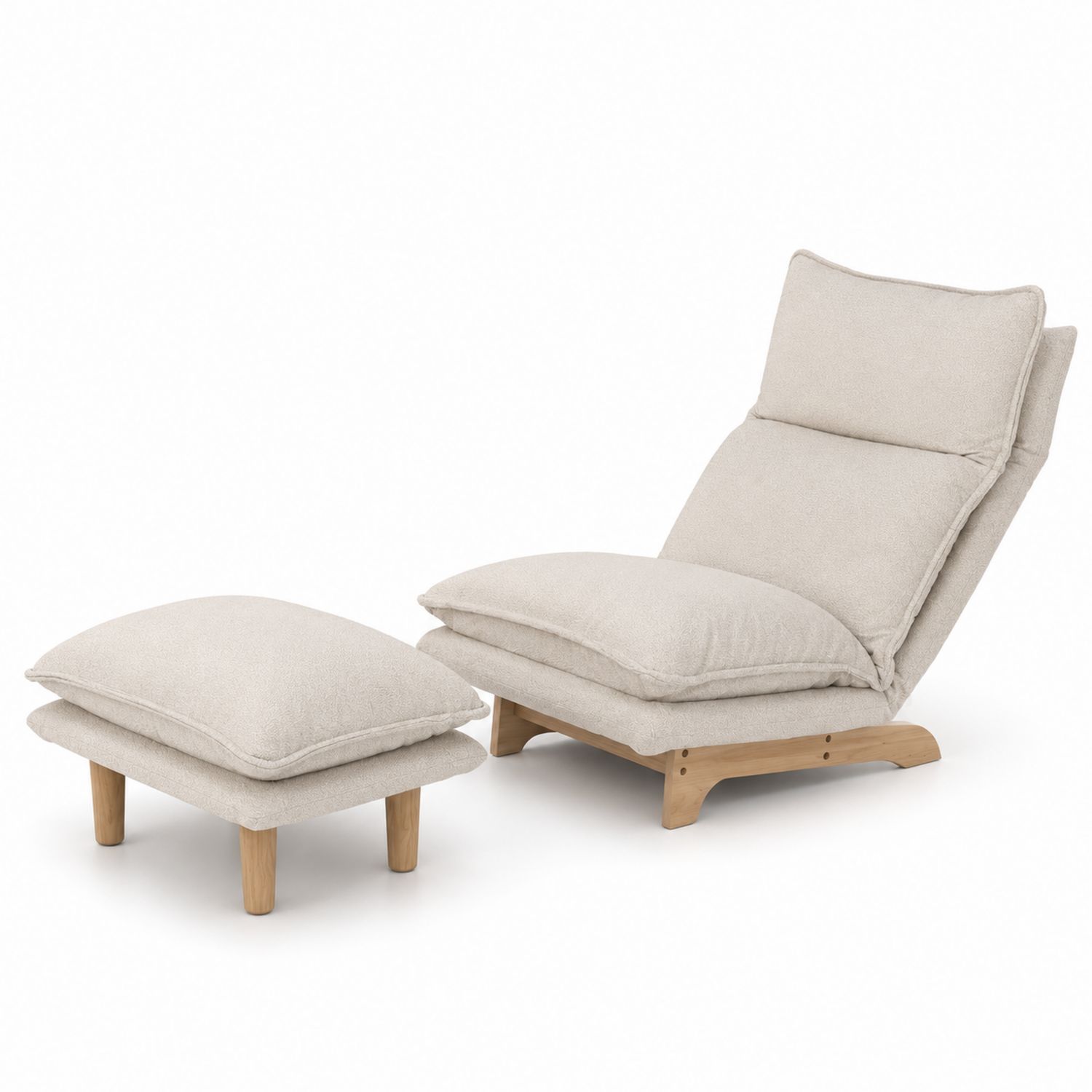 Fauteuil et Repose-pieds en Bois et Tissu Beige