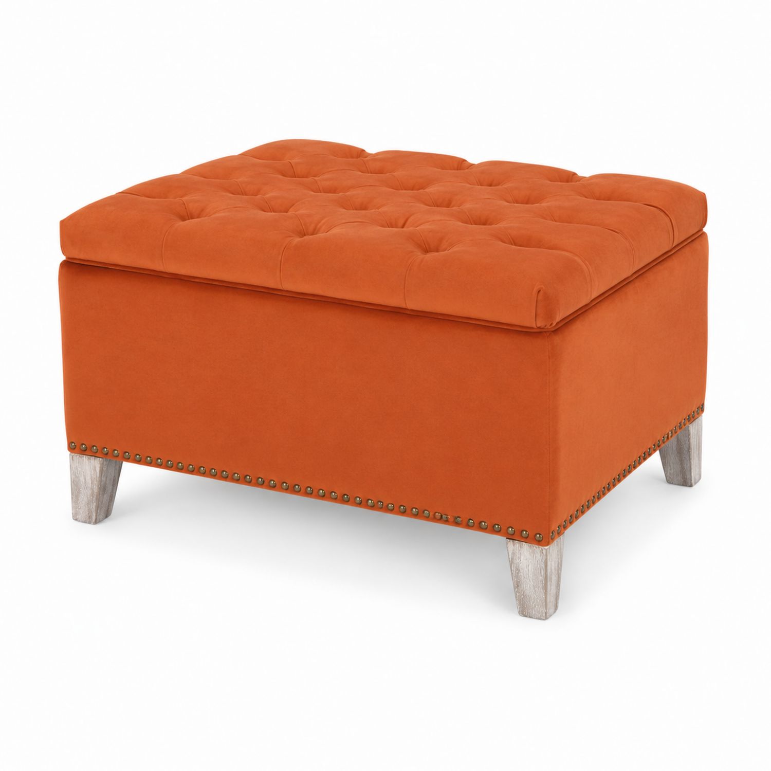 Pouf rectangulaire en velours orange avec pieds en chêne