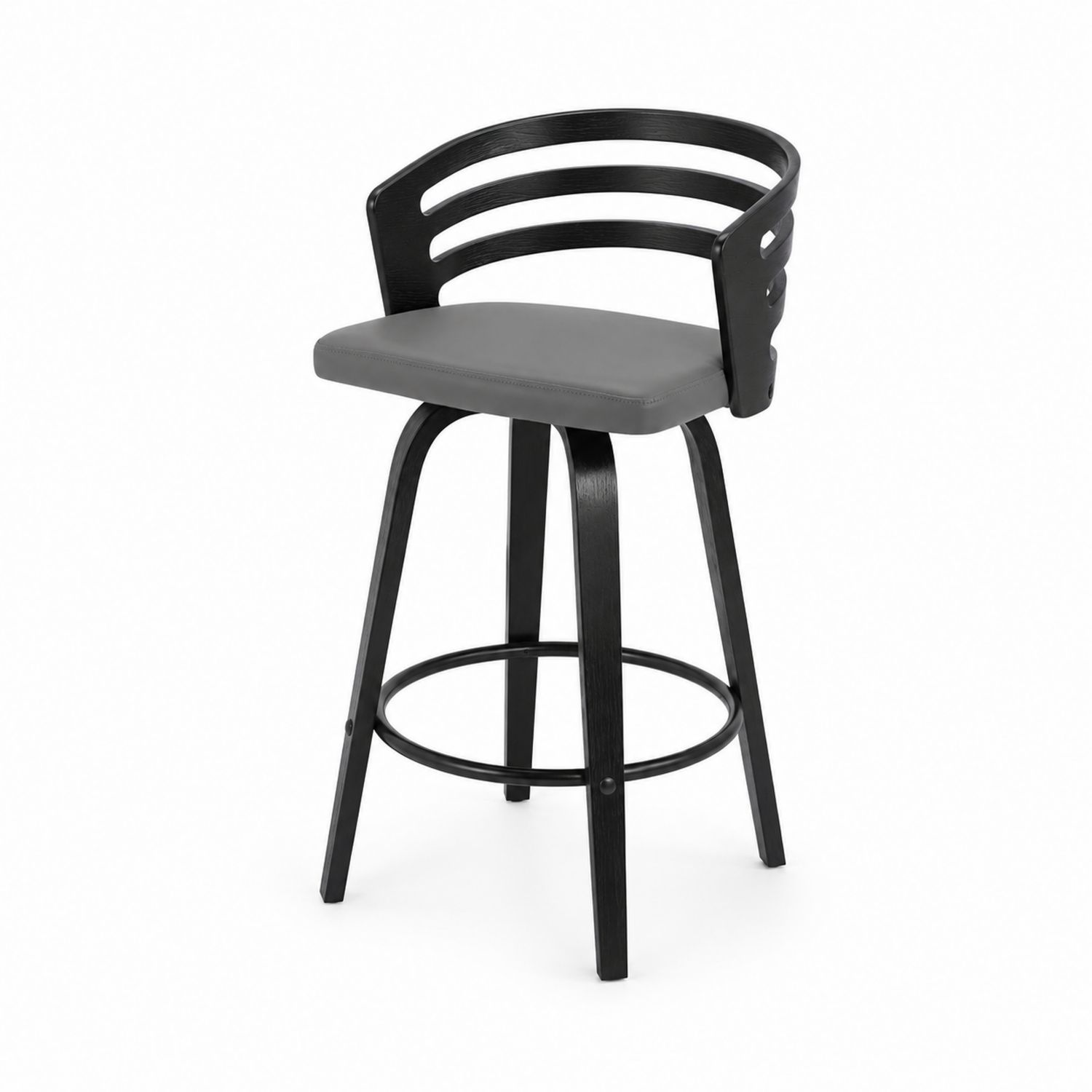 Tabouret de bar pivotant en bois et similicuir gris