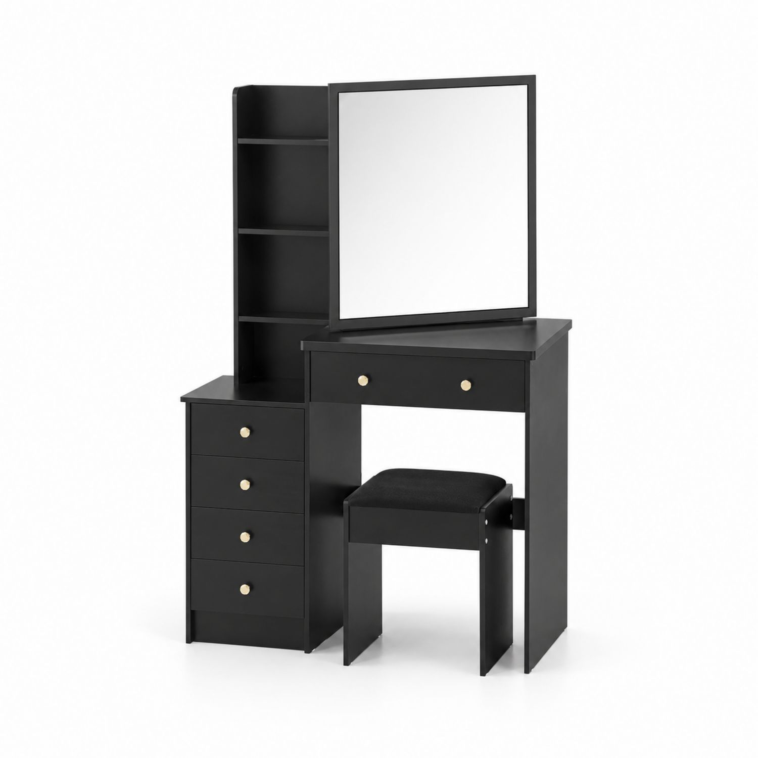 Coiffeuse en bois avec miroir et tabouret Noir-luntrivoqelz