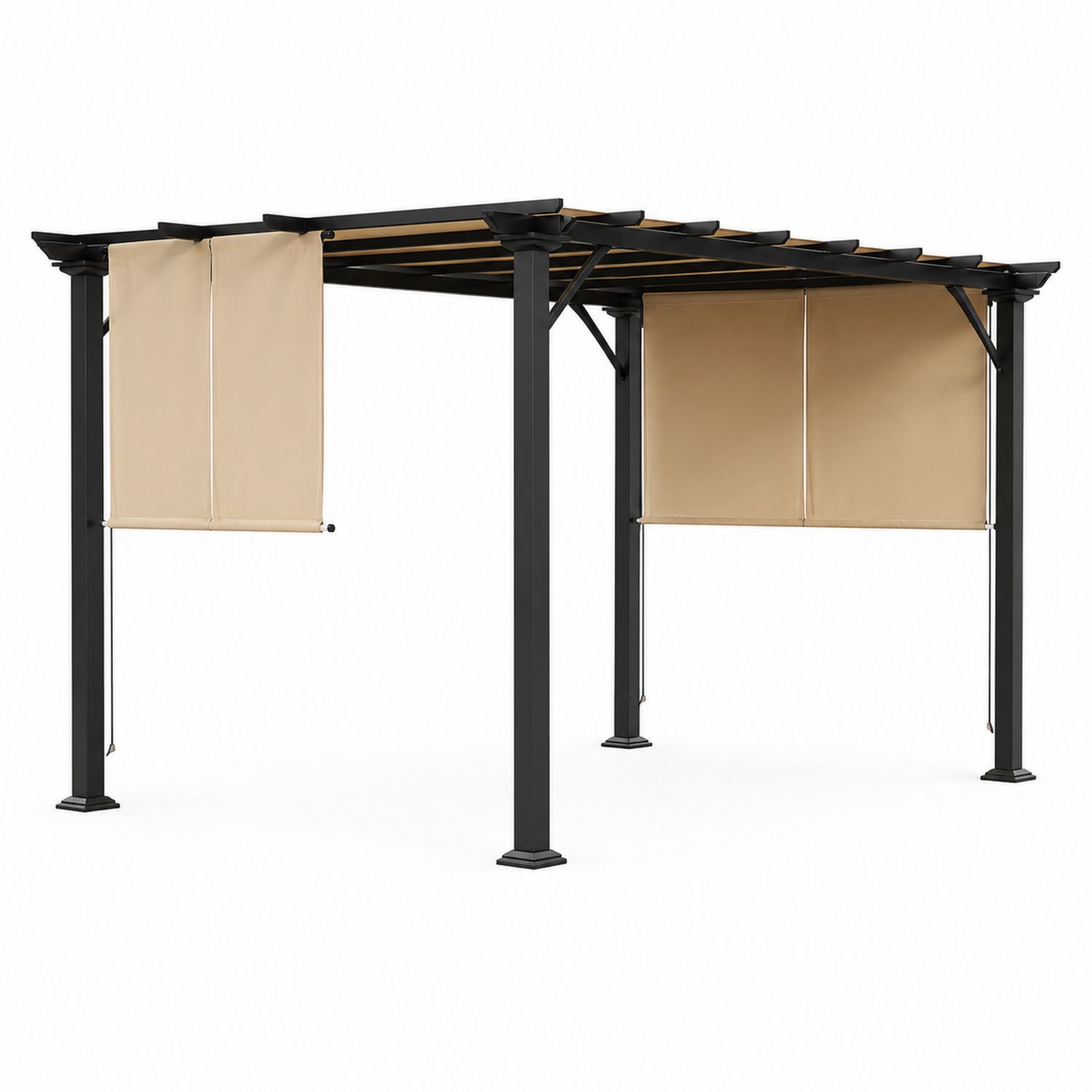 Pergola en Aluminium avec Rideaux Amovibles en Polyester Beige/Noir-luntrivoqelz