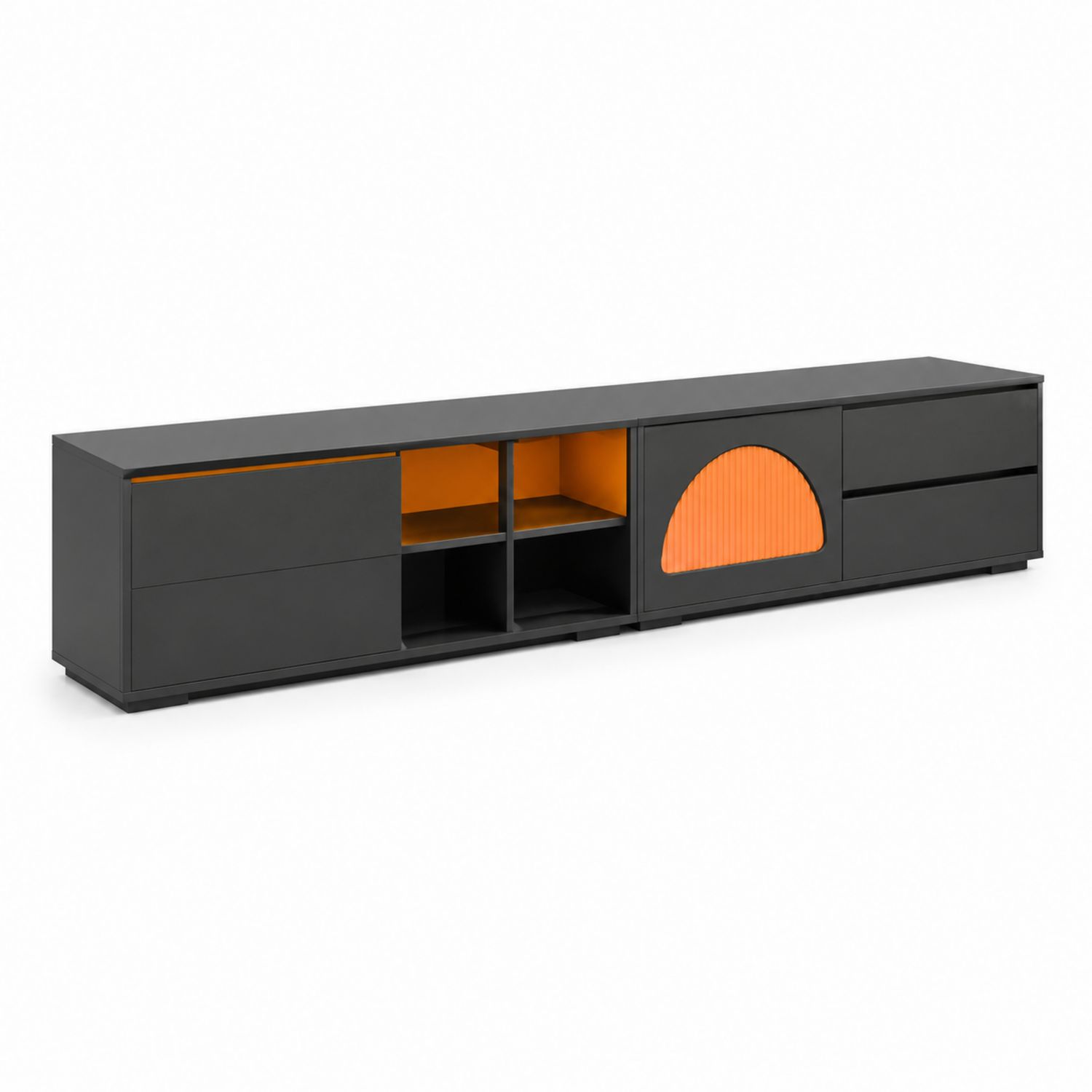 Meuble TV bas en bois composite Noir et Orange avec 3 tiroirs, 2 portes et 2 niches - 240 cm-luntrivoqelz