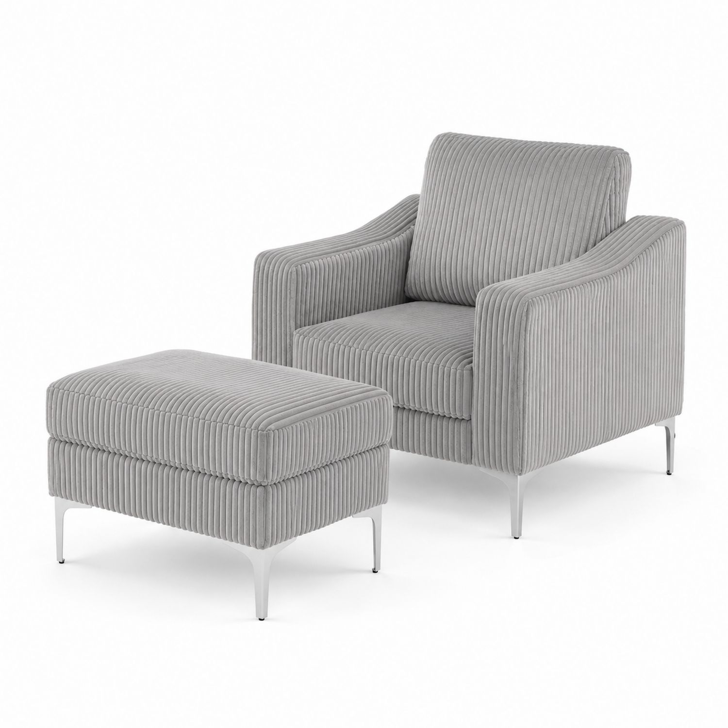 Fauteuil et repose-pieds en velours côtelé avec structure métallique, Gris-luntrivoqelz
