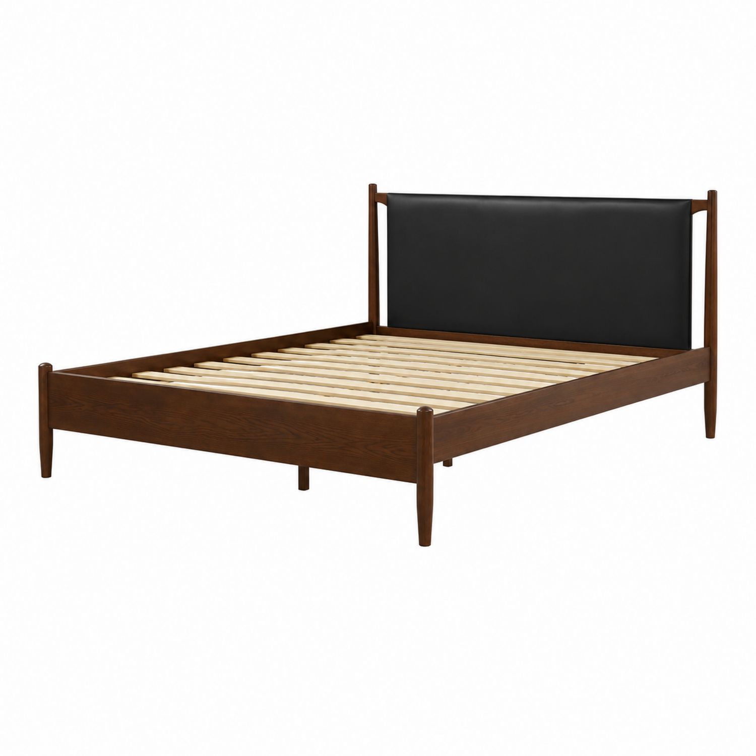 Lit double en bois avec tête de lit en cuir synthétique noir-luntrivoqelz