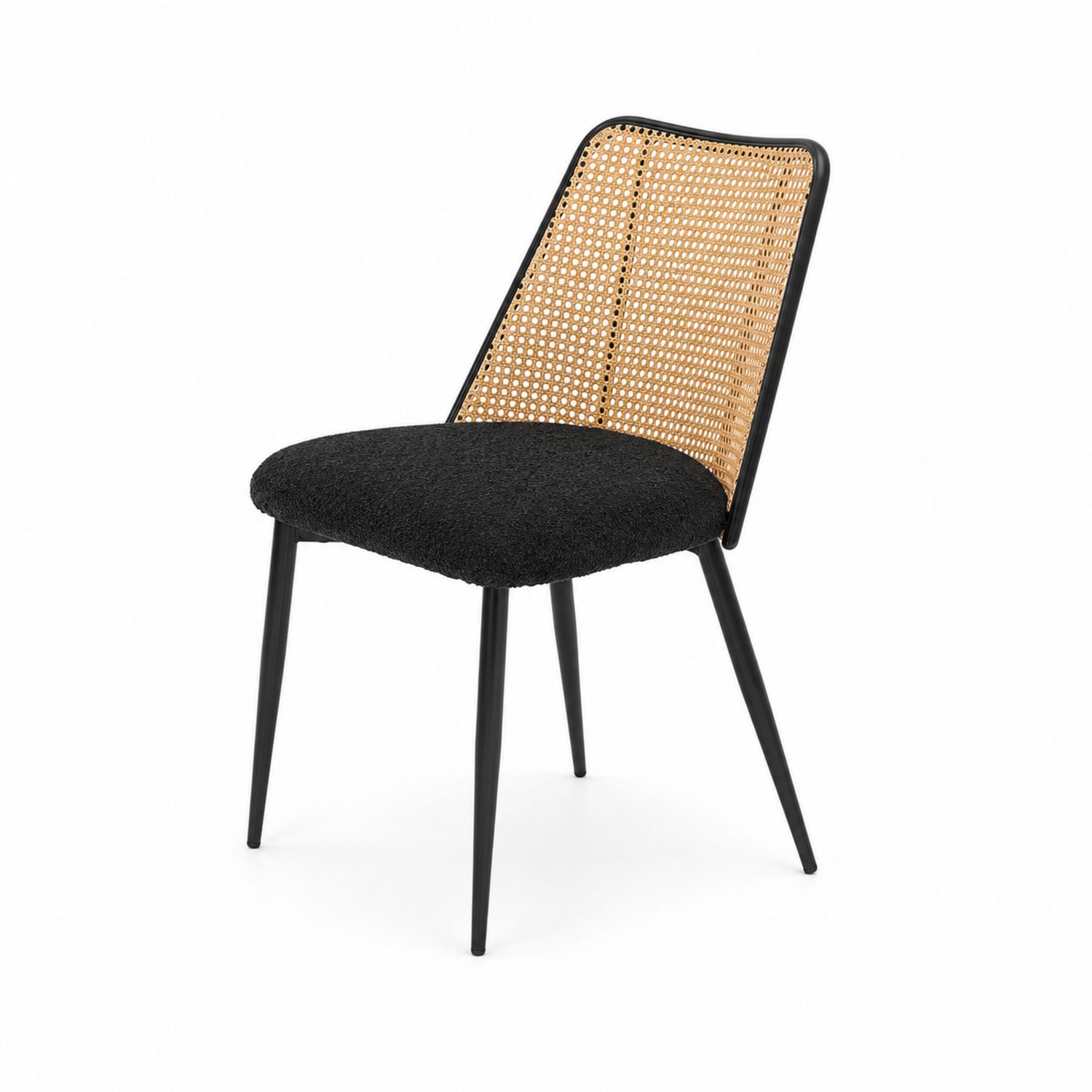 Chaise en métal, tissu noir et rotin-luntrivoqelz