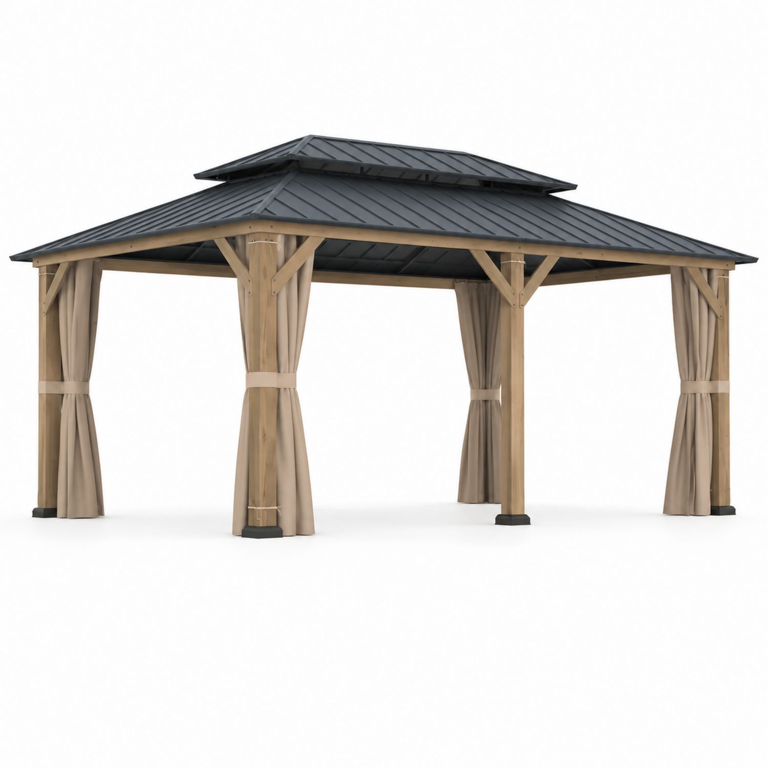 Tonnelle en Bois avec Toit en Métal et Rideaux Beige/Noir 4x3m-luntrivoqelz