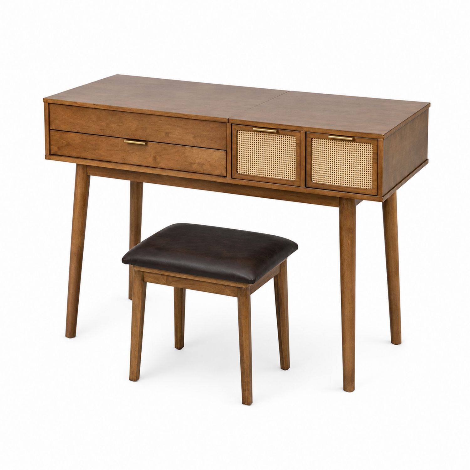 Coiffeuse en Bois avec Rotin et Tabouret, Marron-luntrivoqelz