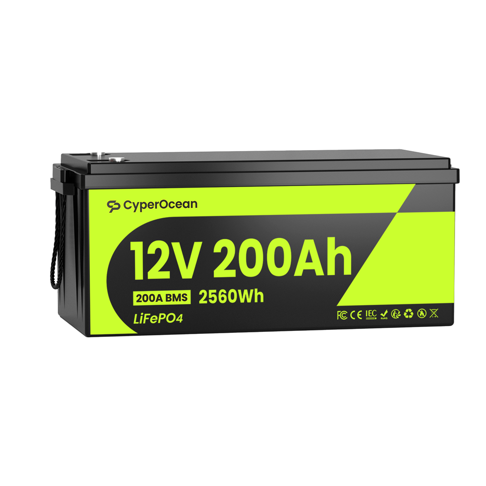 CyperOcean 12V 200Ah LiFePO4 Battery with 200A BMS & Low-Temp Cutoff