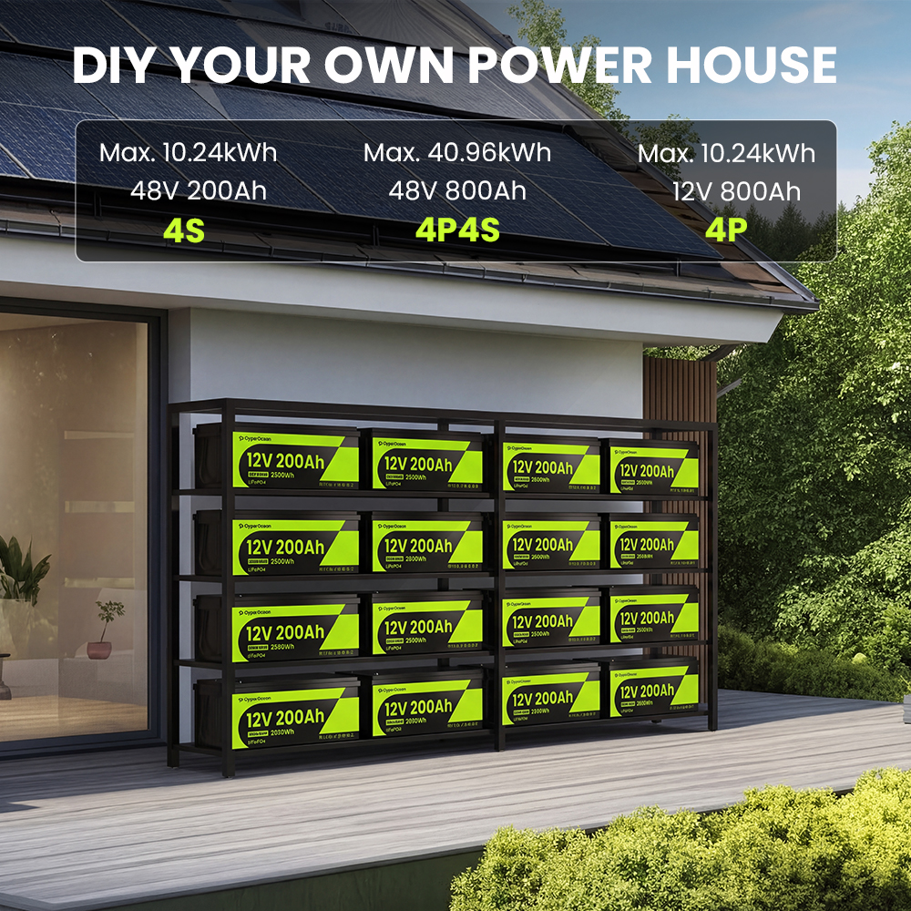 CyperOcean 12V 200Ah LiFePO4 Battery with 200A BMS & Low-Temp Cutoff