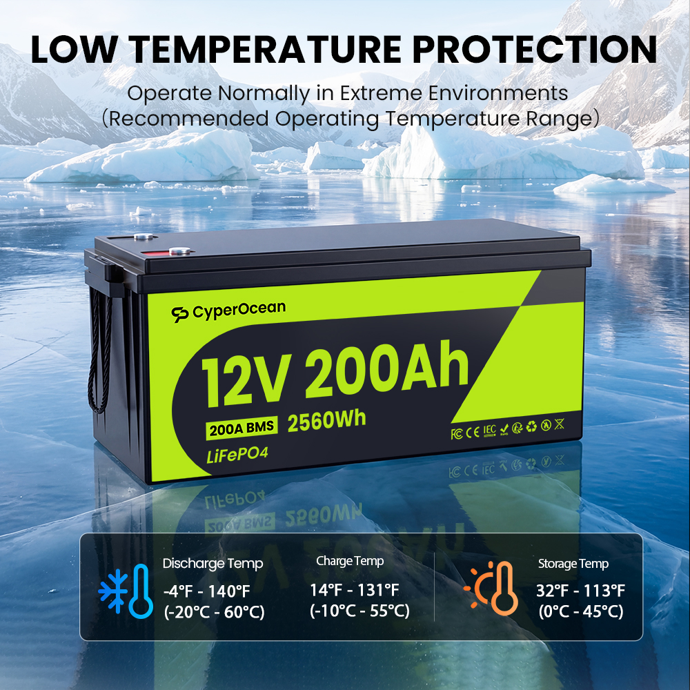 CyperOcean 12V 200Ah LiFePO4 Battery with 200A BMS & Low-Temp Cutoff