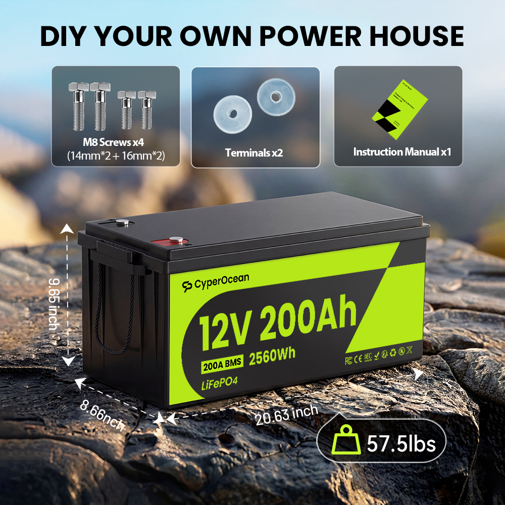CyperOcean 12V 200Ah LiFePO4 Battery with 200A BMS & Low-Temp Cutoff