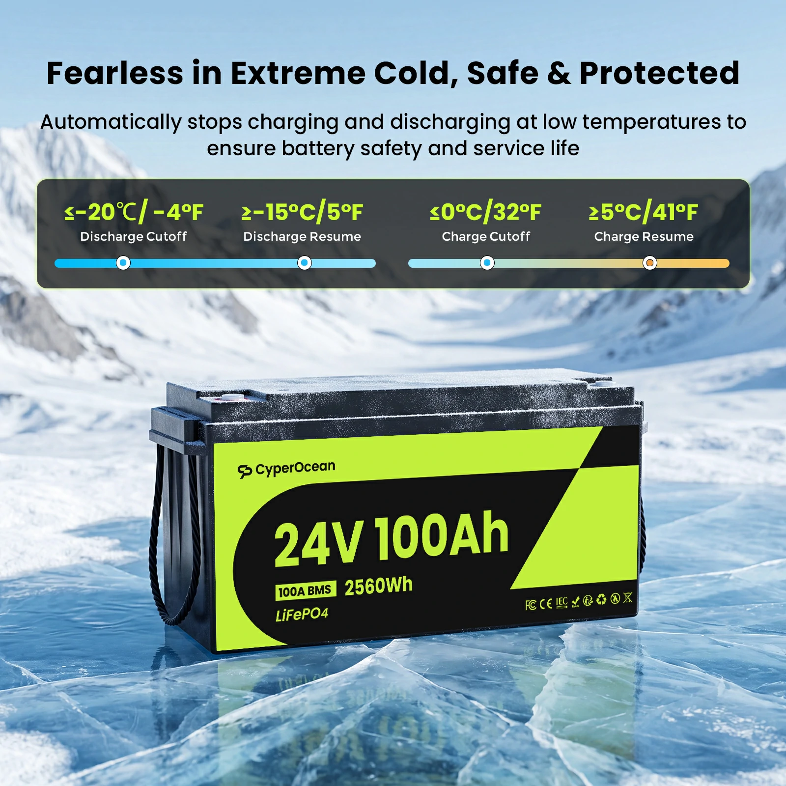 CyperOcean 24V 100Ah LiFePO4 Battery | 2560Wh Deep Cycle Lithium Battery for RV, Solar, Marine & Trolling Motor