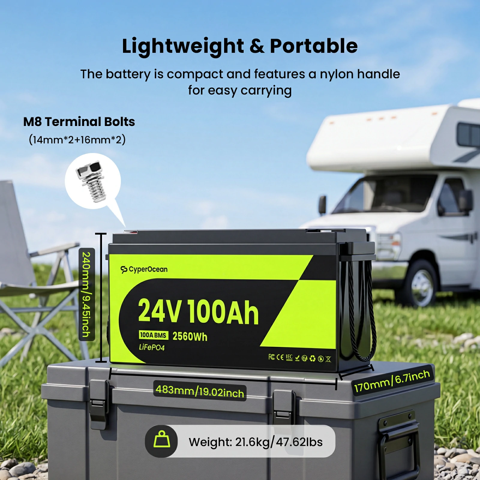 CyperOcean 24V 100Ah LiFePO4 Battery | 2560Wh Deep Cycle Lithium Battery for RV, Solar, Marine & Trolling Motor