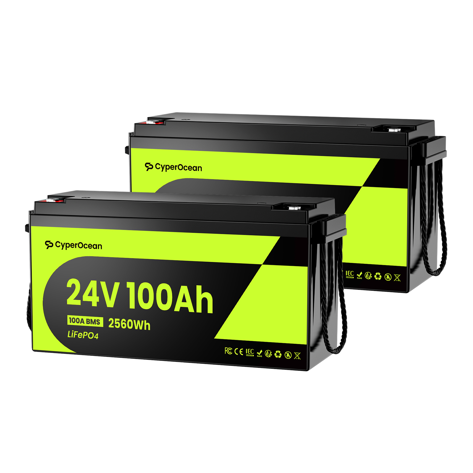 CyperOcean 24V 100Ah LiFePO4 Battery | 2560Wh Deep Cycle Lithium Battery for RV, Solar, Marine & Trolling Motor