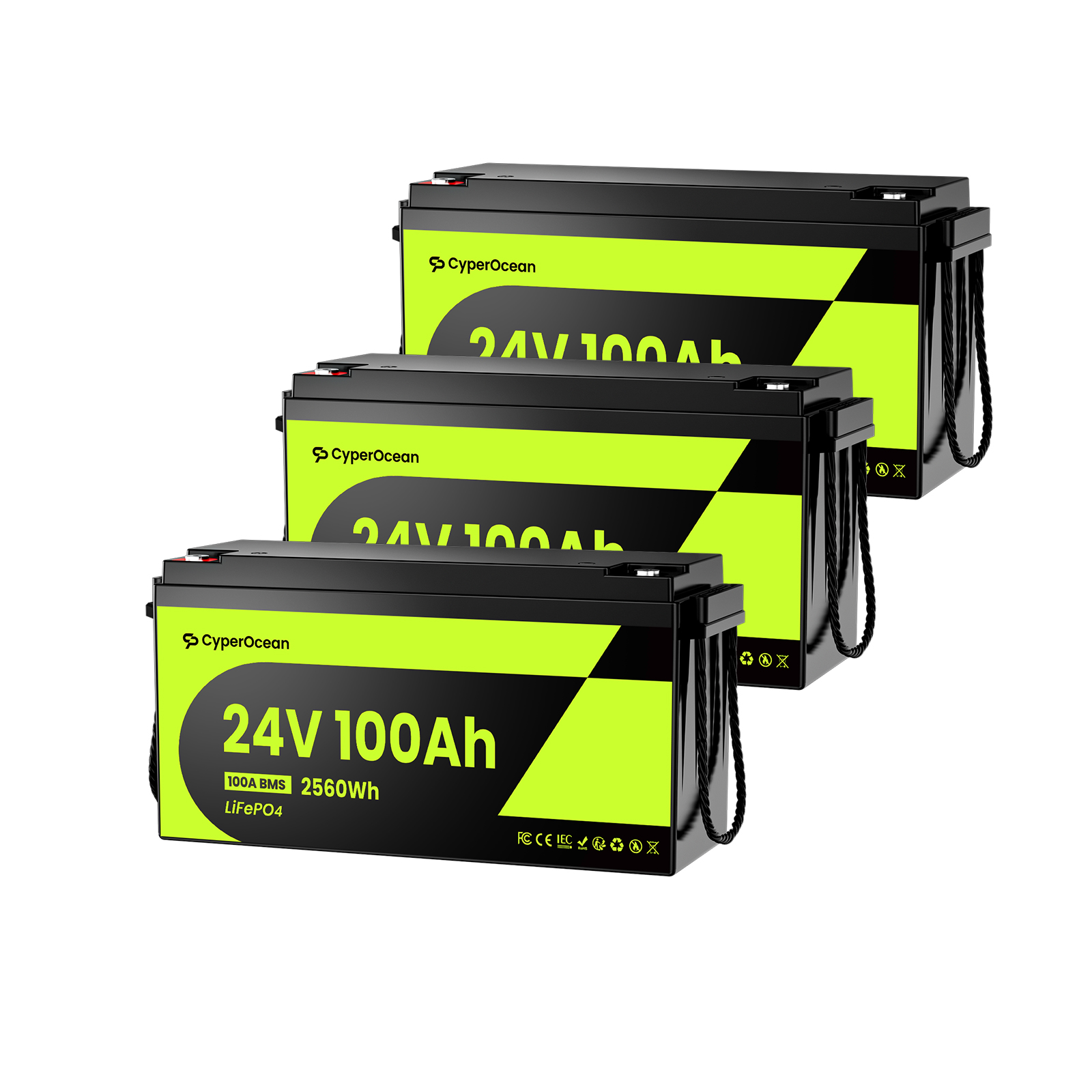 CyperOcean 24V 100Ah LiFePO4 Battery | 2560Wh Deep Cycle Lithium Battery for RV, Solar, Marine & Trolling Motor