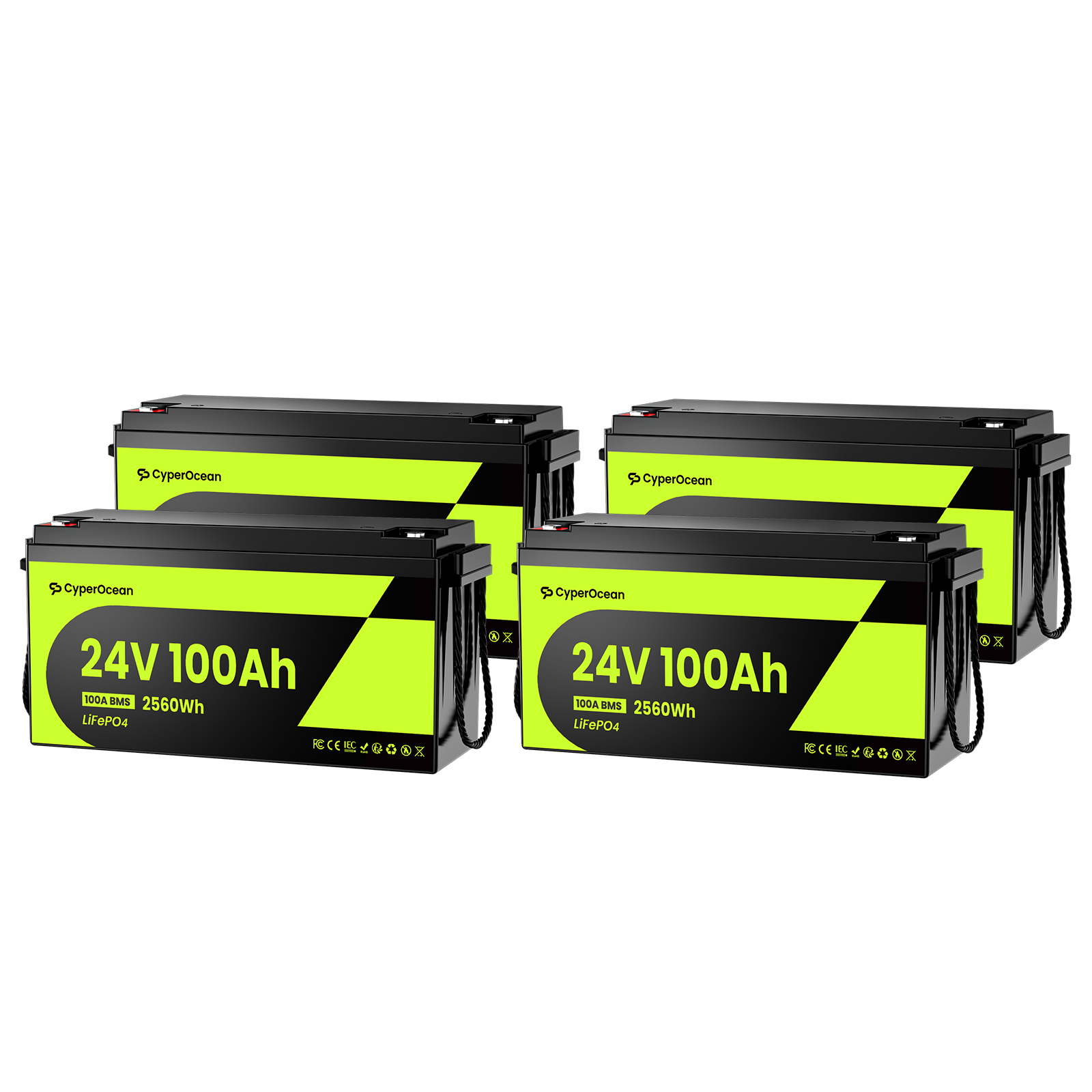 CyperOcean 24V 100Ah LiFePO4 Battery | 2560Wh Deep Cycle Lithium Battery for RV, Solar, Marine & Trolling Motor