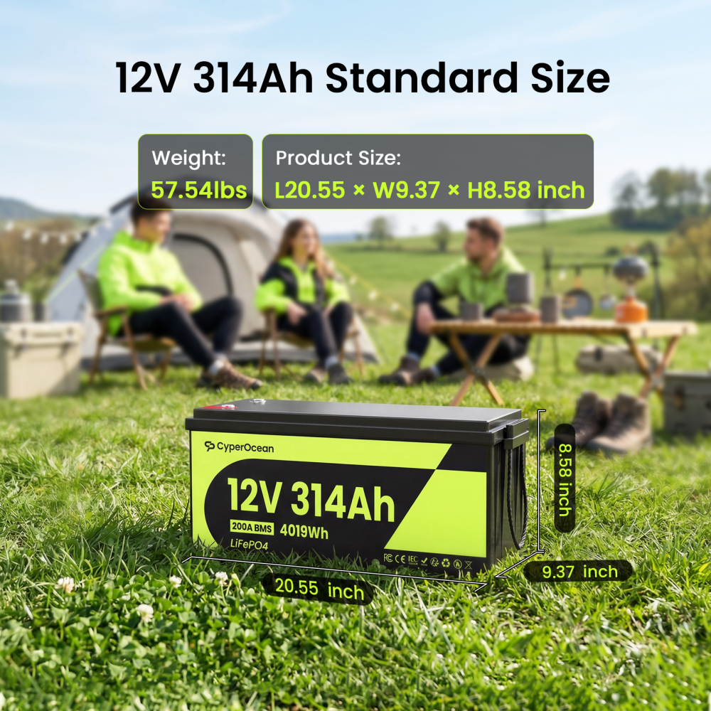 CyperOcean 12V 314Ah Group 8D LiFePO4 Battery with 200A BMS & Low-Temp Cutoff