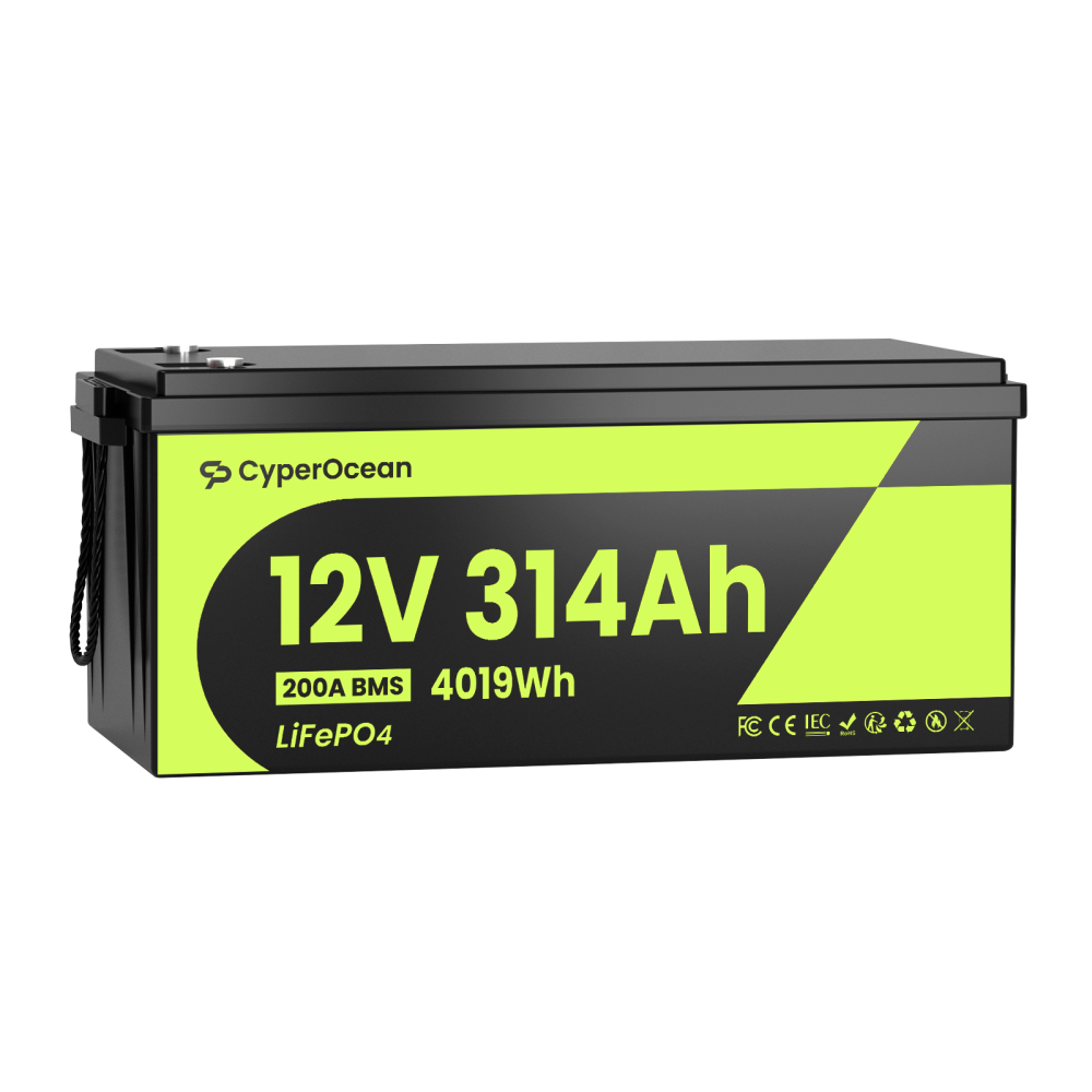 CyperOcean 12V 314Ah Group 8D LiFePO4 Battery with 200A BMS & Low-Temp Cutoff